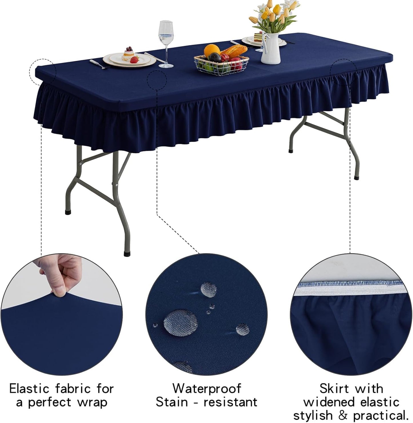 8ft Navy Blue Stretch Tablecloth for Rectangular Tables - Flared Wrap Design, Waterproof, Wrinkle-Resistant, Washable - Ideal for Weddings, Parties, Banquets & Table Protection