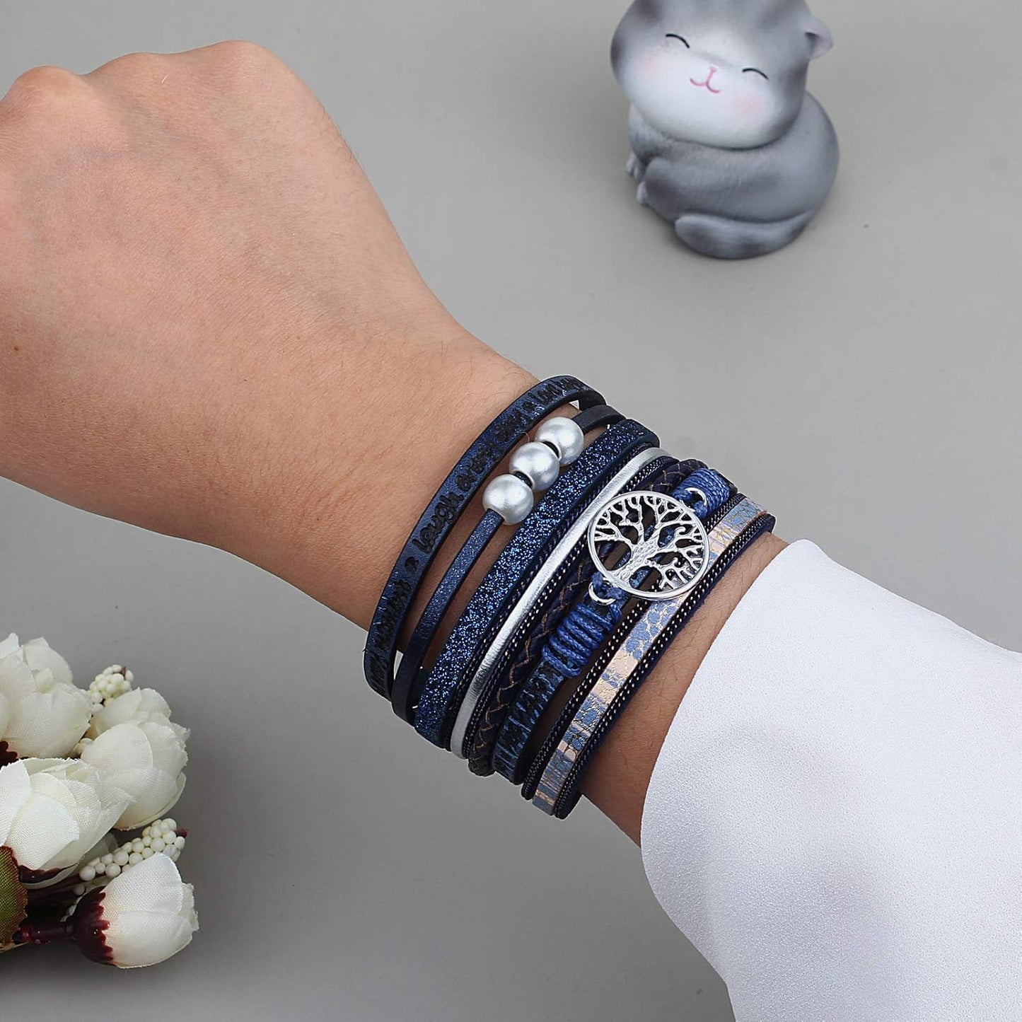 FANCY SHINY Tree of Life Leather Wrap Bracelet Inspirational Cuff Bangles Boho Pearl Bracelets with Magnetic Clasp Unique Jewelry Gifts for Women