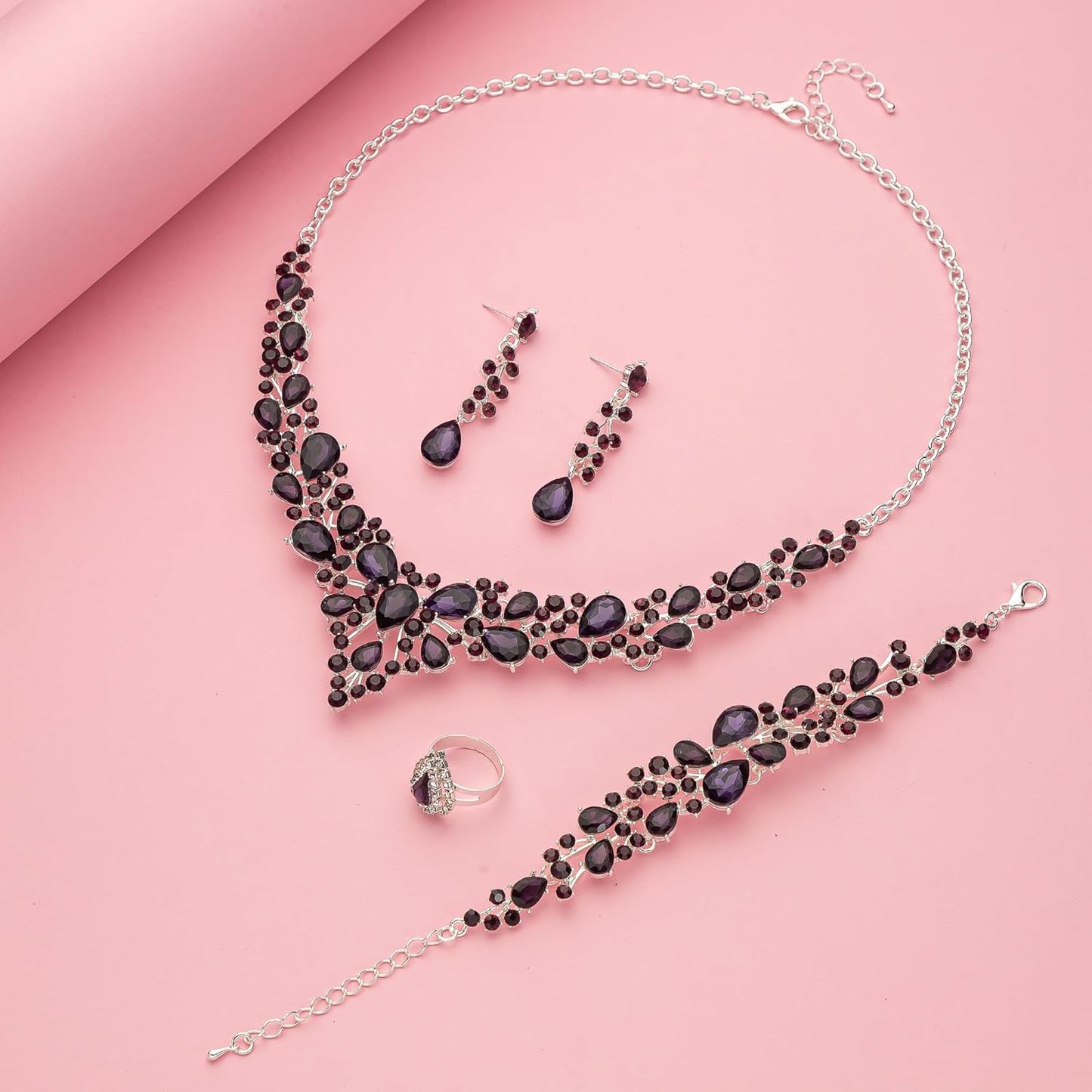 Crystal Bridal Wedding Jewelry Sets for Women Rhinestone Teardrop Crystal Statement Choker Necklace Drop Earrings Link Bracelets Rings Teardrop Jewelry Set for Brides Bridesmaids