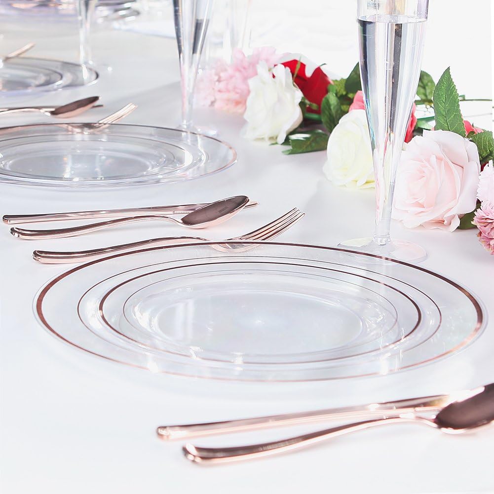 I00000 60 Pcs Rose Gold Plastic Plates, Disposable Party Set Include: 60 Clear Plastic Plates with Rose Gold Trim for dinner and dessert Perfect for Holidays, Wedding & Party Supplies