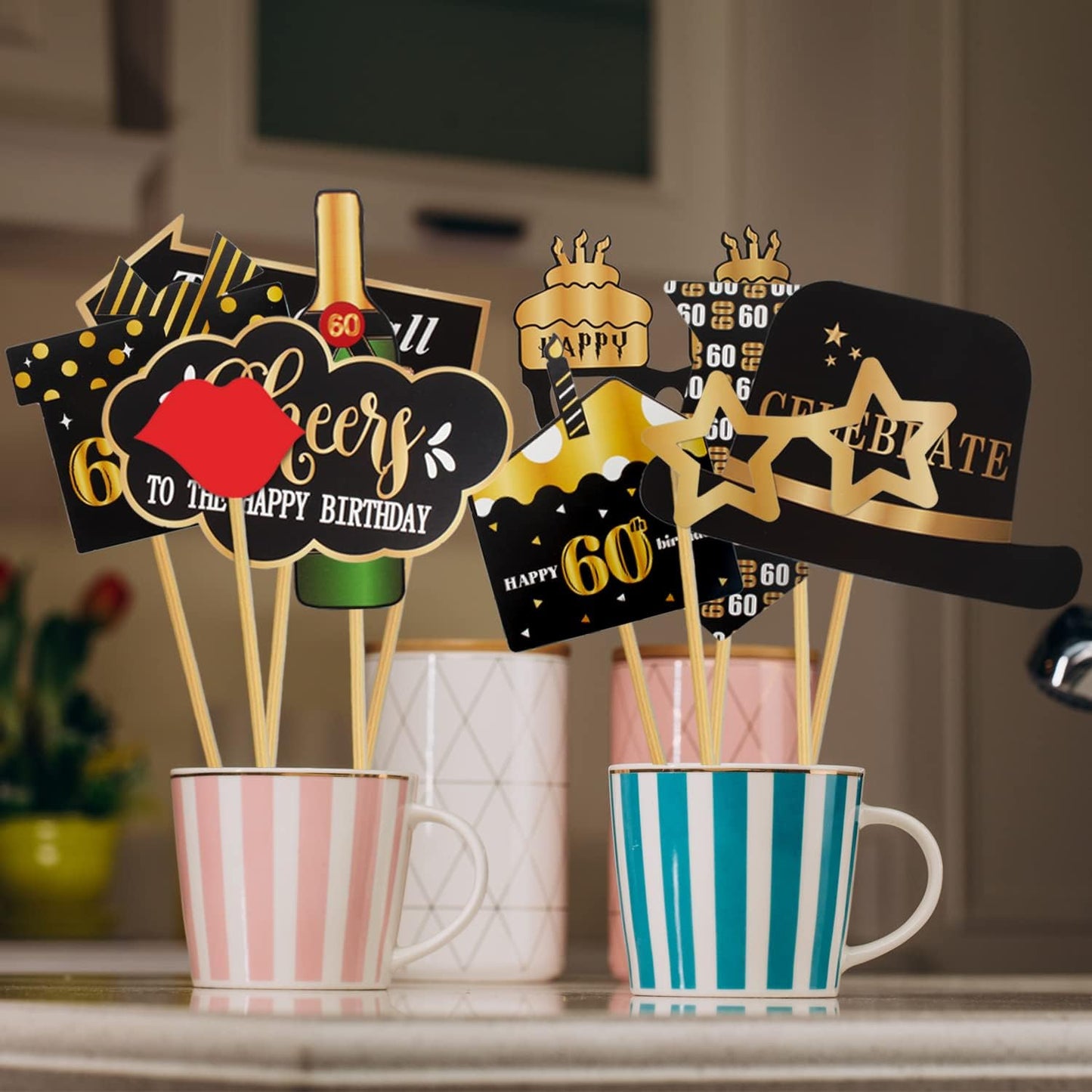 LINGTEER Happy 60th Birthday Party Photo Booth Props,Cheers to 60th Birthday Sixty Years Old Bday Party Centerpieces Props Decorations Sign.