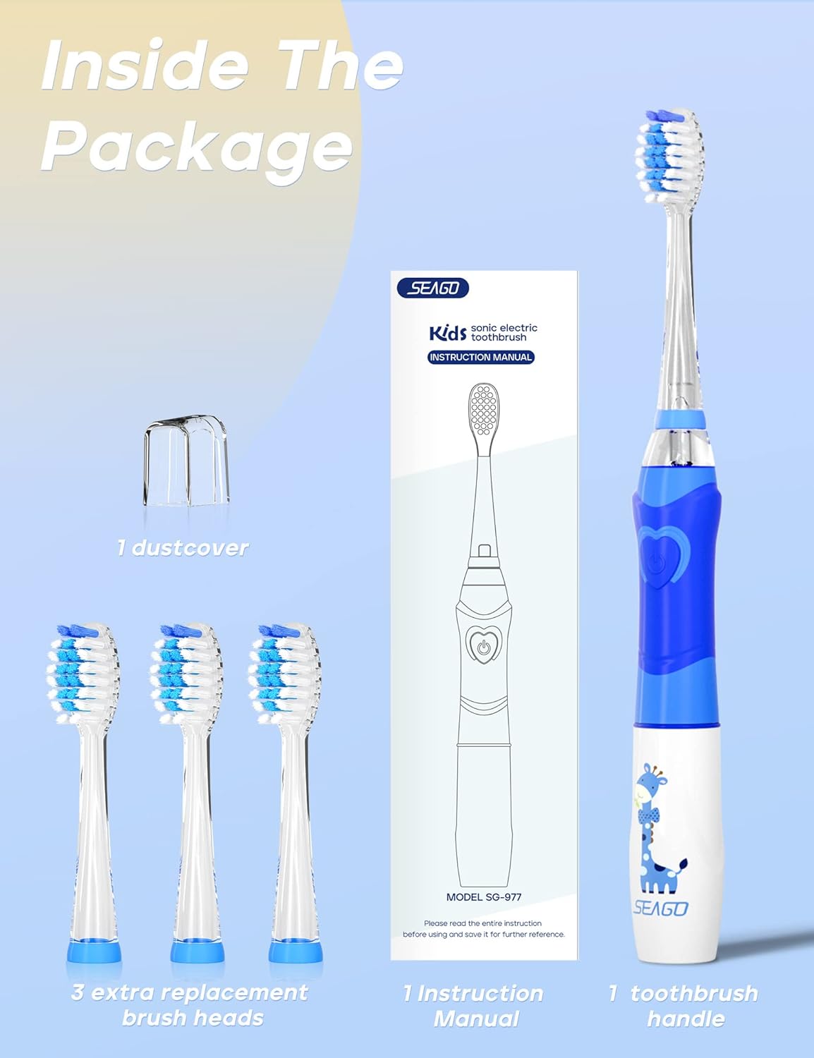 SEAGO Kids Electric Toothbrush with 2 Mins Brushing Timer and 4 Replacement Bursh Heads, Rainbow LED Light Make Brushing Fun, Blue Color Boys Battery Powerd Toothbrush for 4-12 Years Old,SG-977