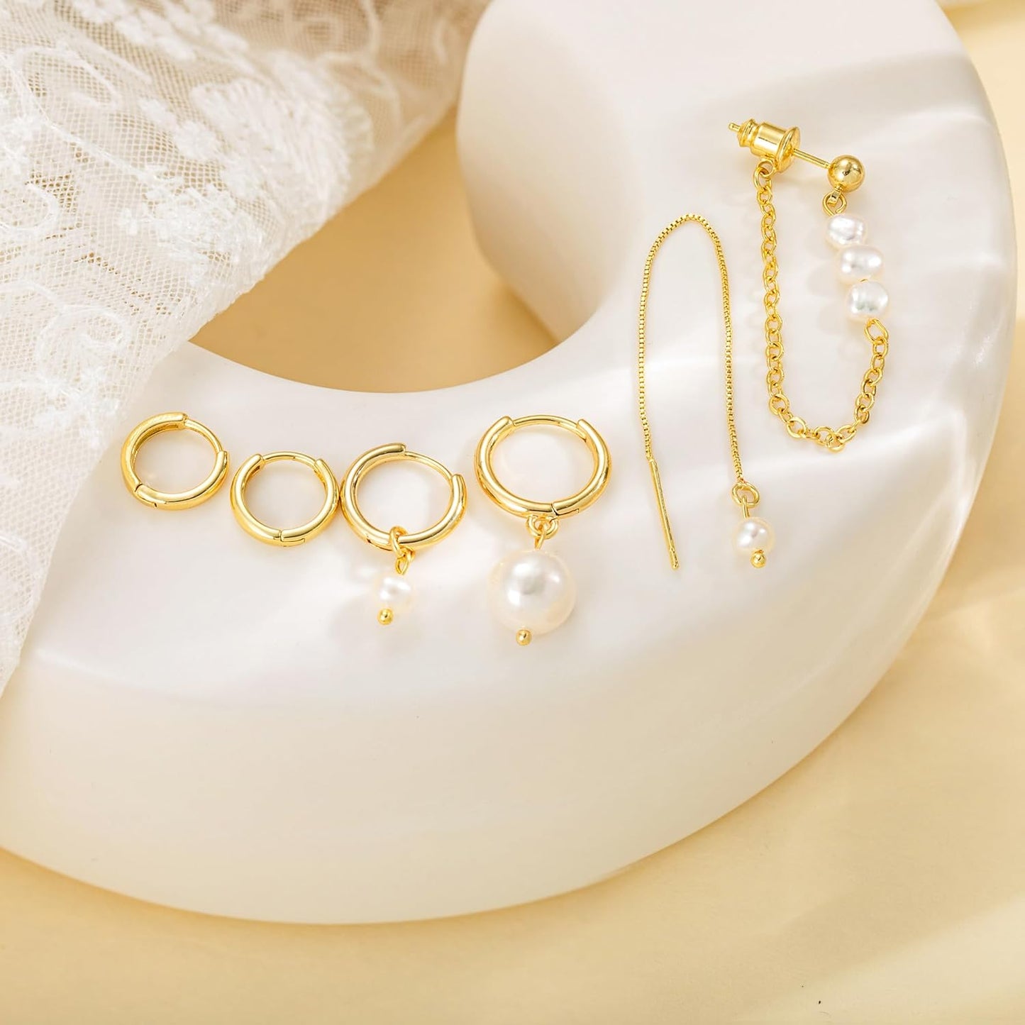 Moodear Gold Earrings for Women No Tarnish - Trendy 14K Gold Plated Pearl Hoop Studs Chain Earrings Stacks for Women Wedding Jewelry Gift