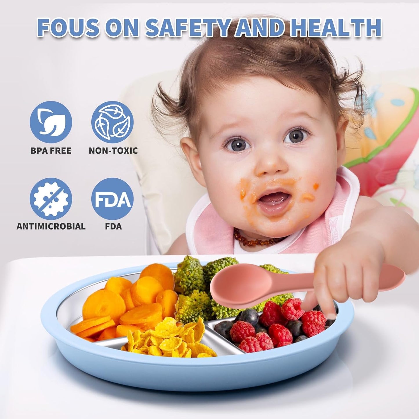 Stainless Steel Toddler Plate with Suction, 9” Divided Plates with Removable Silicone Sleeves for Kids, Non Toxic & BPA Free | Non Slip | Unbreakable Baby Snack Dishes Set of 2, Blue & Gray