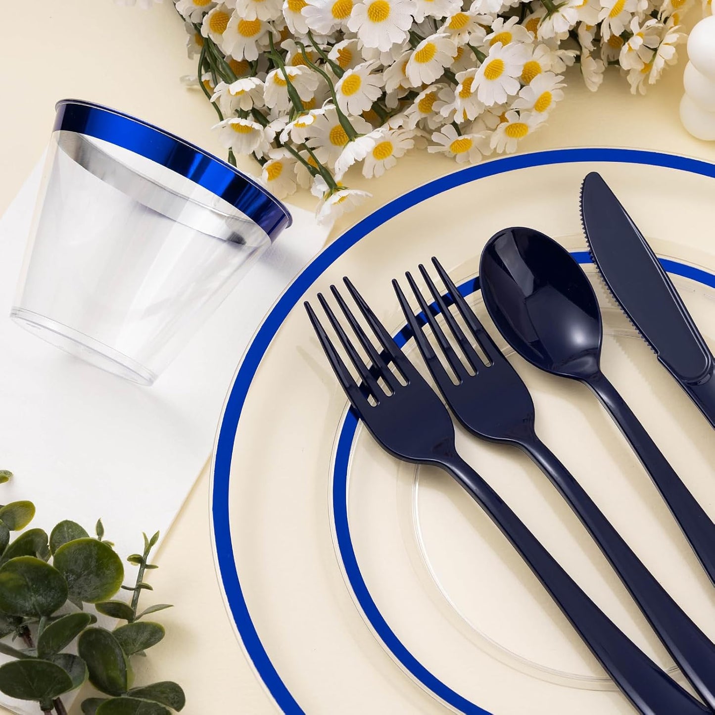 350PCS Blue and Clear Plastic Dinnerware Sets for 50 Guests, Include 100 Blue Disposable Plates, 100 Forks, 50 Knives, 50 Spoons, 50 Cups,christmas party supplies