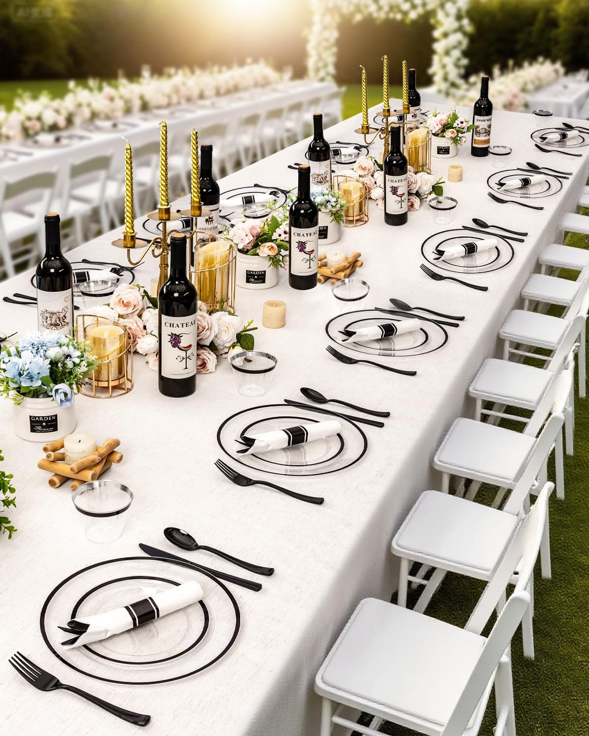 175PCS Plastic Plates for Party, Disposable Clear Black Dinnerware Set for 25 Guests,50 Plastic Plates, 25 Cups, 25 Pre-Rolled Napkins with Cutlery for Party, Thanksgiving, Christmas, Wedding