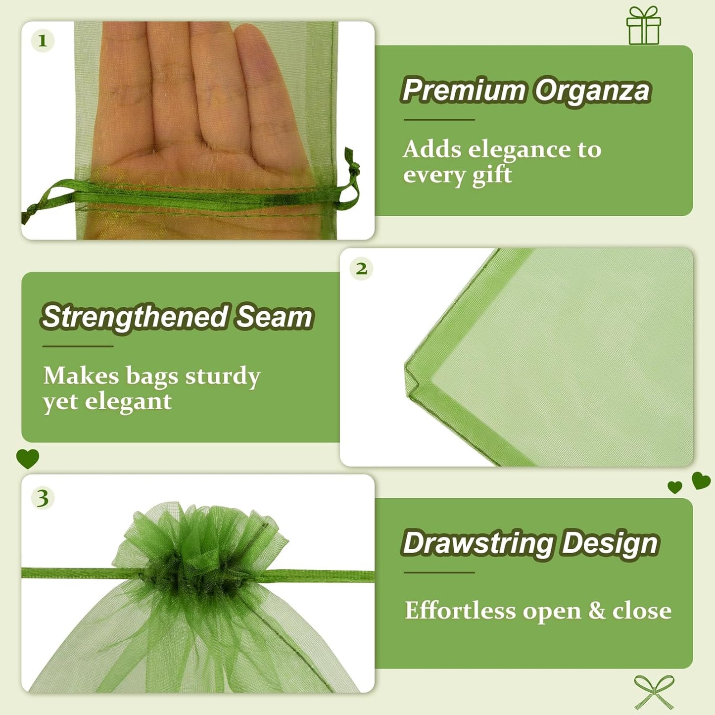 Crweety 50 Pcs 6x9 Inch Green Organza Bags, Small Mesh Bags Drawstring for Gifts, Elegant Jewelry Pouches for Wedding Favor, Spring Party Favor & Christmas St. Patrick's Day Decor