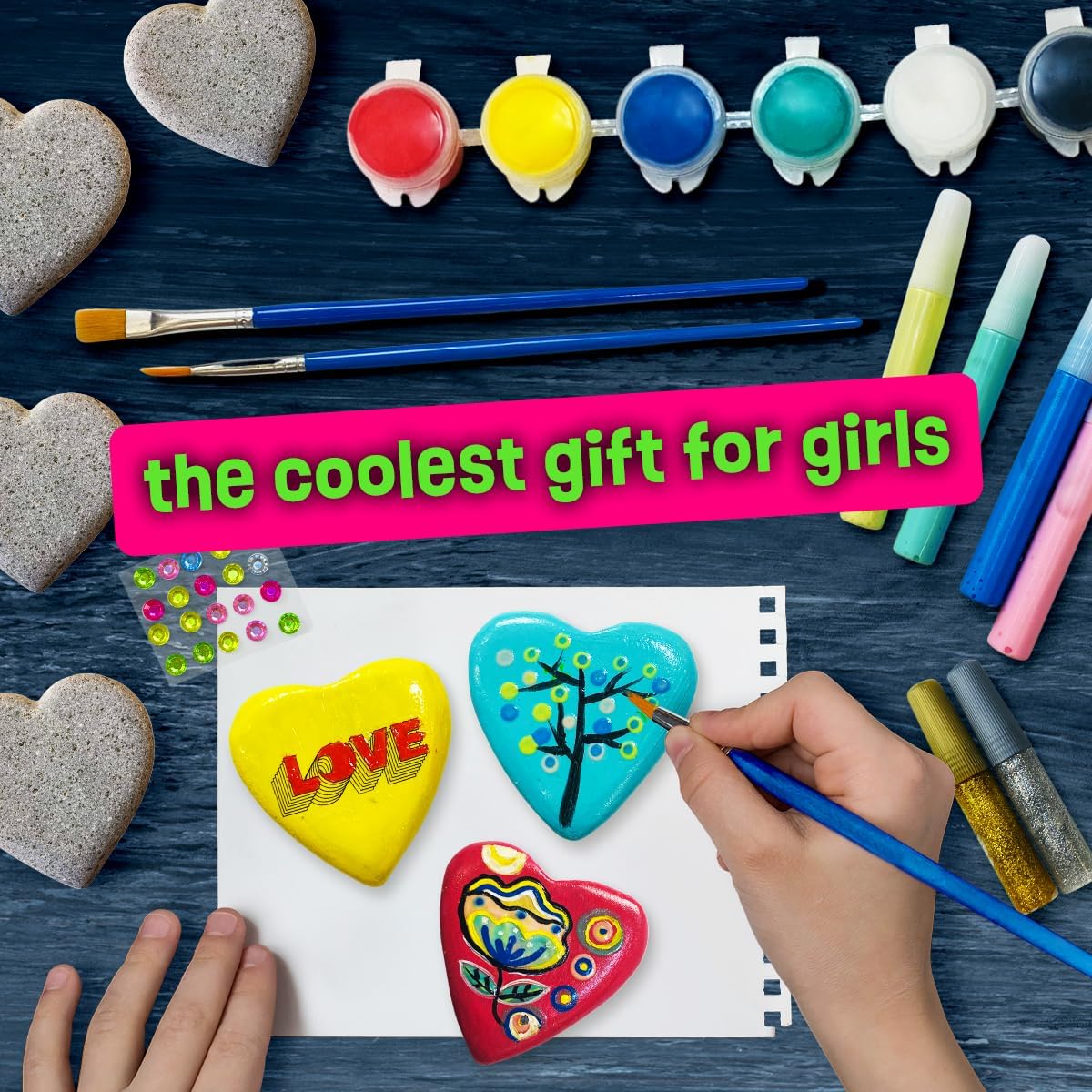 Hearts Rock Painting Kit for Kids Girls - Glow in Dark Art Supplies Ages 4-12 - Complete STEM Craft Set with Puffy Paint Stickers Gems Paints - Educational Birthday Christmas Gifts Art Toys for Girl