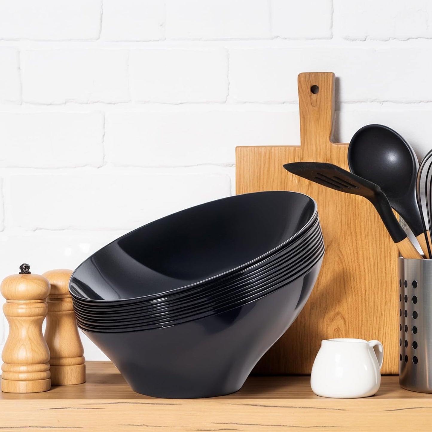 bUCLA 12 Pack Black Plastic Serving Bowls - 54 OZ Angled Bowls Disposable for Chip&Candy - Party Table Salad and Fruit for Party, Wedding & New Year