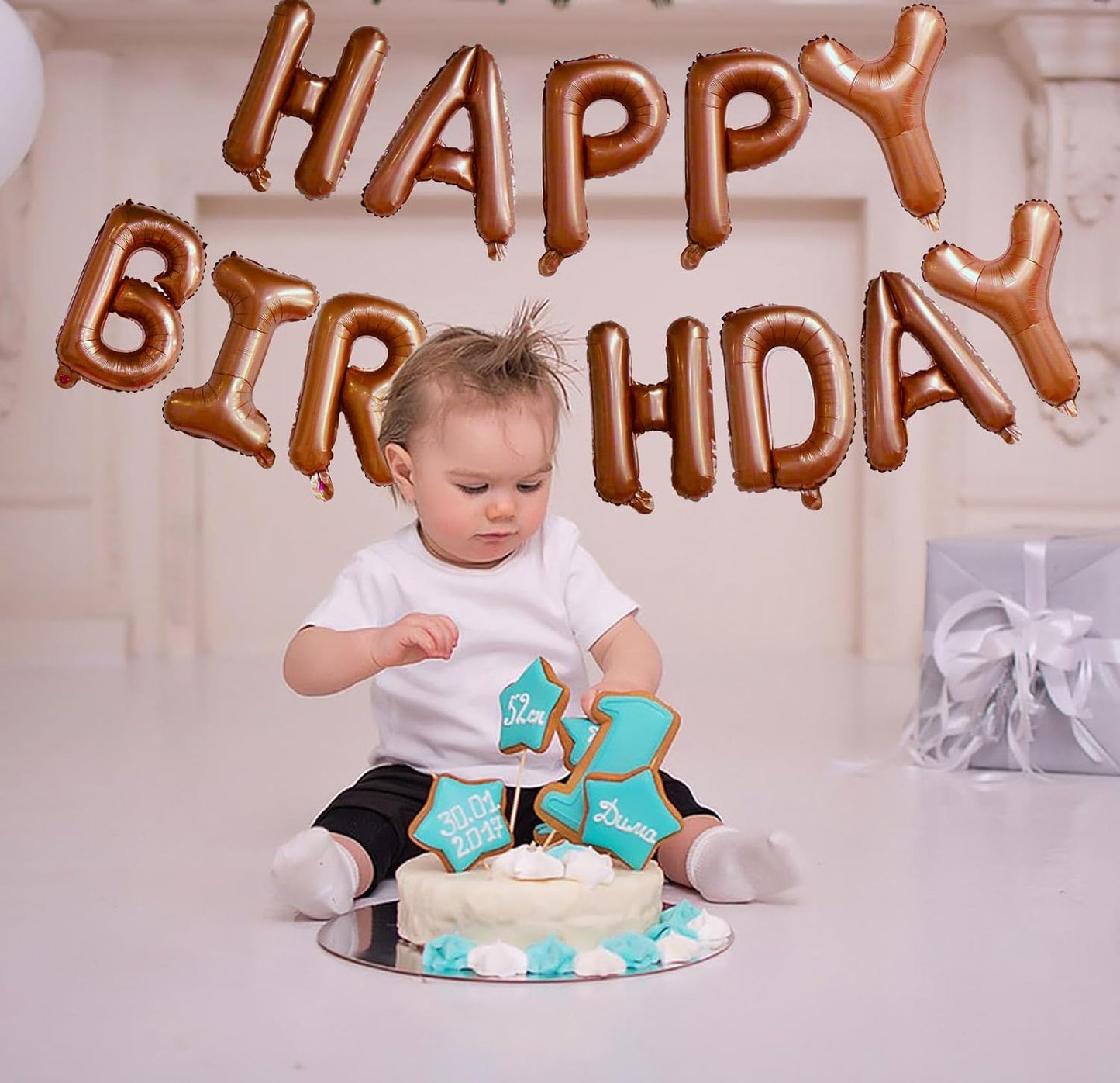 KALOR Brown Happy Birthday Balloons Banner, 16 Inch Mylar Foil Letters Balloon Sign for Women, Men, Boys & Girls Kids Birthday Decorations Photo Backdrop