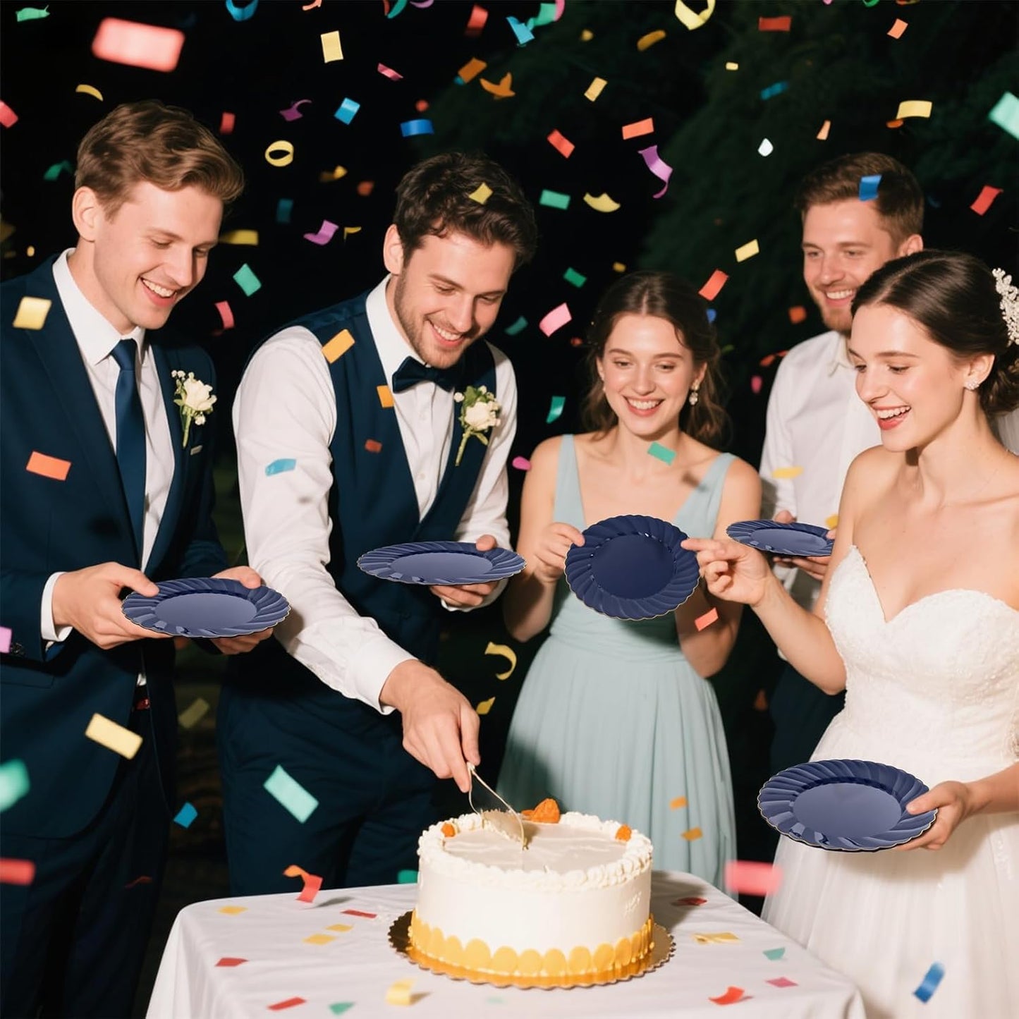 YOUBET 100 Pack Blue Scalloped Plastic Plates - 6.5 Inch Navy Blue Disposable Plates - High End Elegant Vintage Dessert Plate for Party & Weeding & Birthday