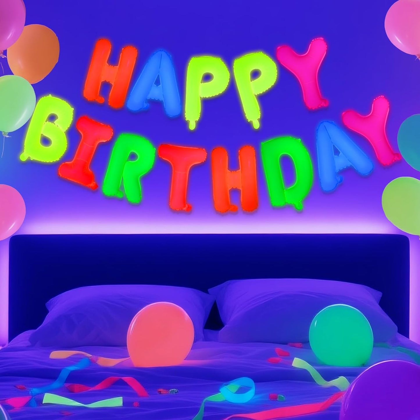 Mega-L Glow in The Dark Party Supplies, 16 Inch Fluorescent Happy Birthday Balloons,Black Light Happy Birthday Sign Photo Booth Props Primary Color Birthday Party Decor for Neon Party
