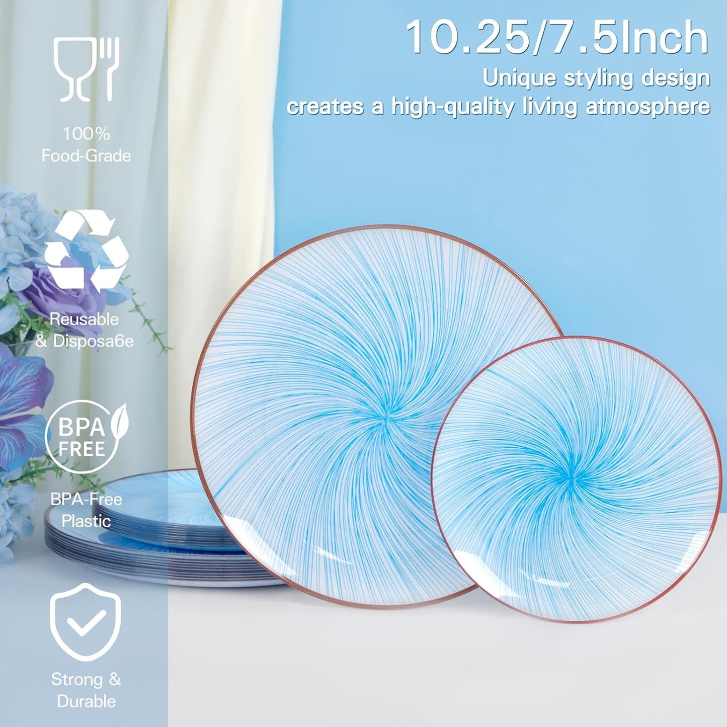 LIYH 60 Pcs Blue Plastic Combo Plates Set - Heavy Duty Light Blue Scalloped Plastic Disposable Plates for Party - 10.25" Dinner & 7.5" Dessert Plate 30 Guests