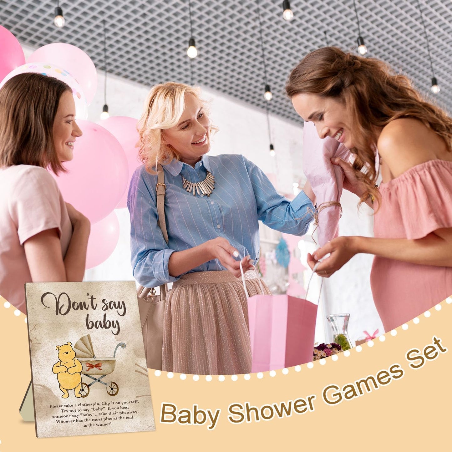 Winnie Don't Say Baby Game Set, Include Don't Say Baby Game Sign and 20 Mini Winnie Clothespins, Winnie Baby Shower Party Decor, Baby Shower Table Sign Centerpieces