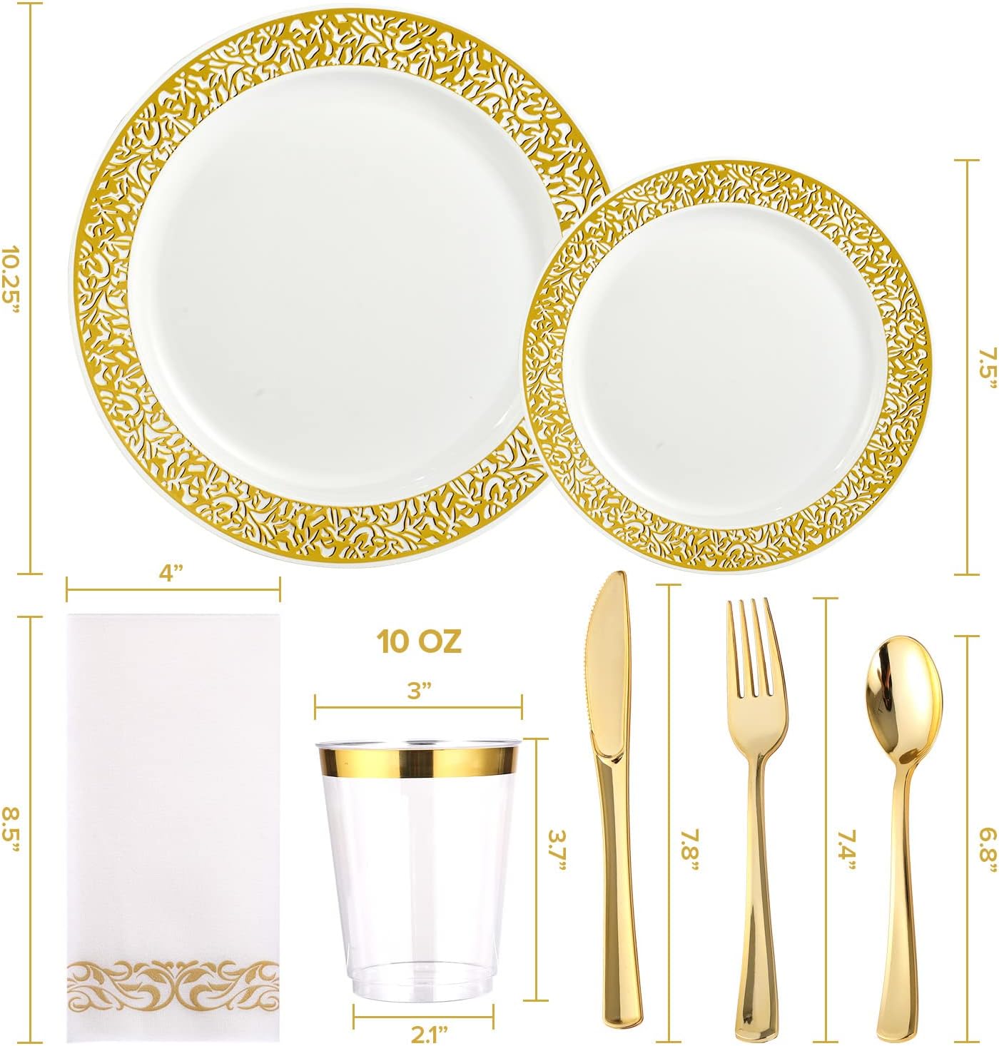 FOCUSLINE 175 Ct Gold Dinnerware Set for 25 Guests, Plastic Plates with Gold Lace Rim Design, Including 25 Disposable Dinner & Dessert Plates, Cups, Napkins, Cutlery Set