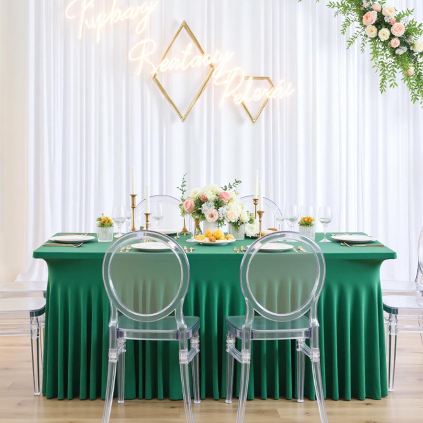 2 Pack Emerald Green Spandex Tablecloth for 6 Foot Rectangle Tables, Wrinkle Free Fitted Table Clothes Cover 6ft Green Stretchy Tablecloths with Skirt for Parties Weddings Birthday Banquet Baby Shower