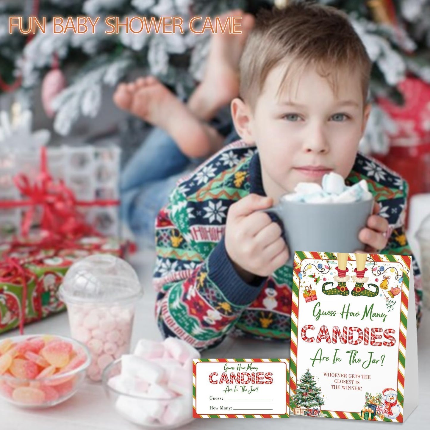 Christmas How Many Candy for Baby Shower Game, Christmas Party Decorations, Pack 1 Sign and 50 Game Cards, Christmas Baby Shower Games, Gender Neutral Party Supplies(sdtgyx03)