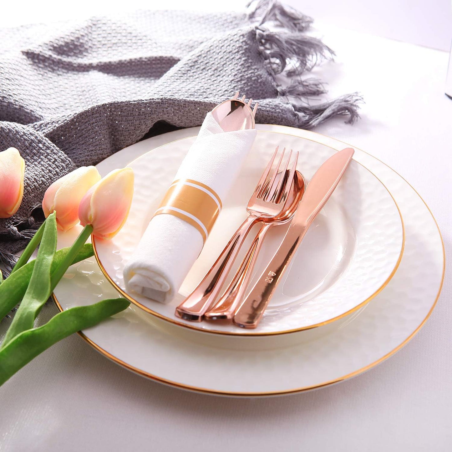 Supernal Set of 30packs,Rose Gold Plastic Silverware, Pre Rolled Napkin with Cutlery, Disposable Silverware with Rose Gold Linen Napkin, Wrapped Plastic Silverware Set Suit for Party,Wedding