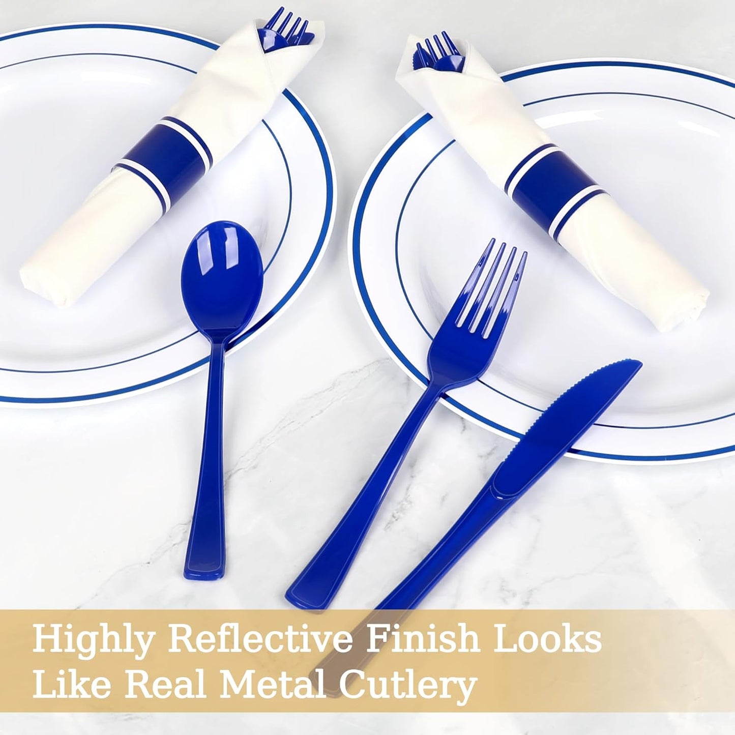 50 Pack Pre Rolled Blue Plastic Silverware Set,Wrapped Plastic Cutlery Set with Napkin Include 50 Forks,50 Spoons,50 Knives and 50 White Napkins for Party,Wedding