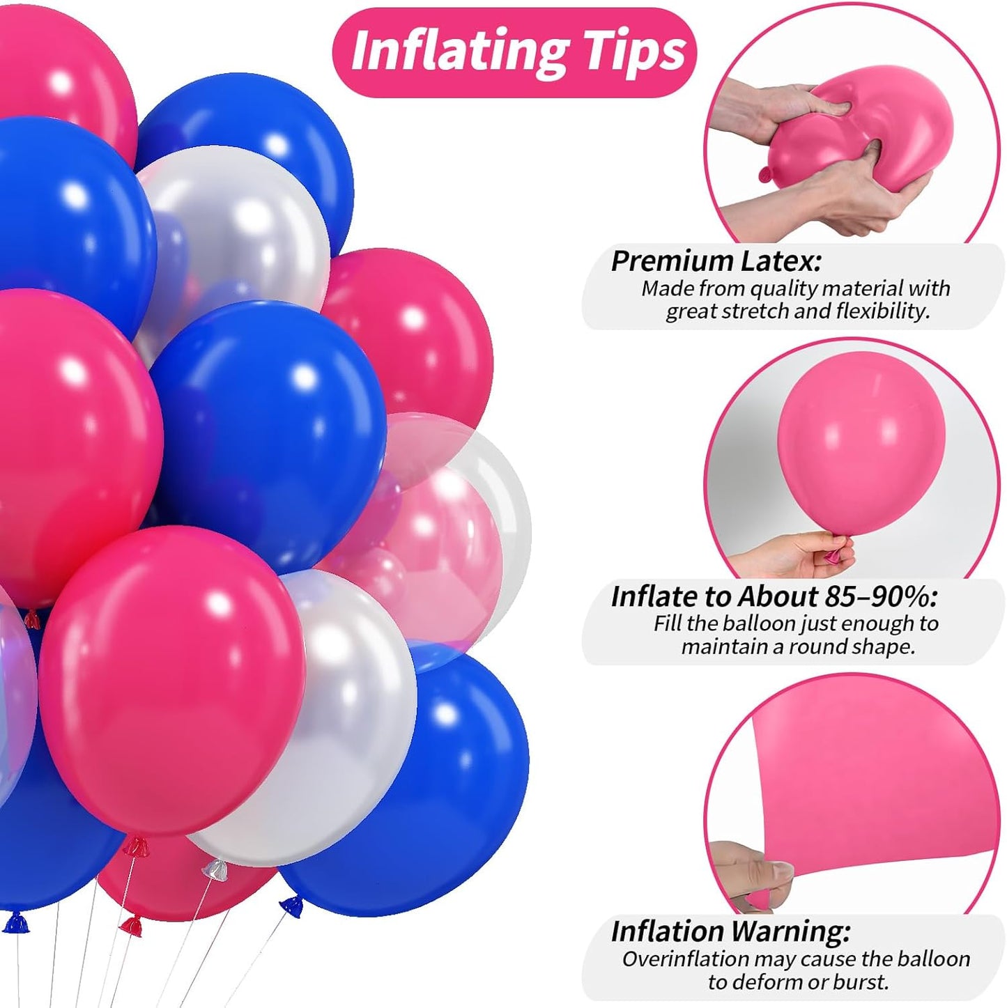 Pink Blue White Balloons, 12 Inch Royal Blue Hot Pink Fuchsia Pearl White Clear Latex Party Helium Balloon for Girls Berry Blueberry Baby Shower Gender Reveal Birthday Pool Tropical Party Decorations