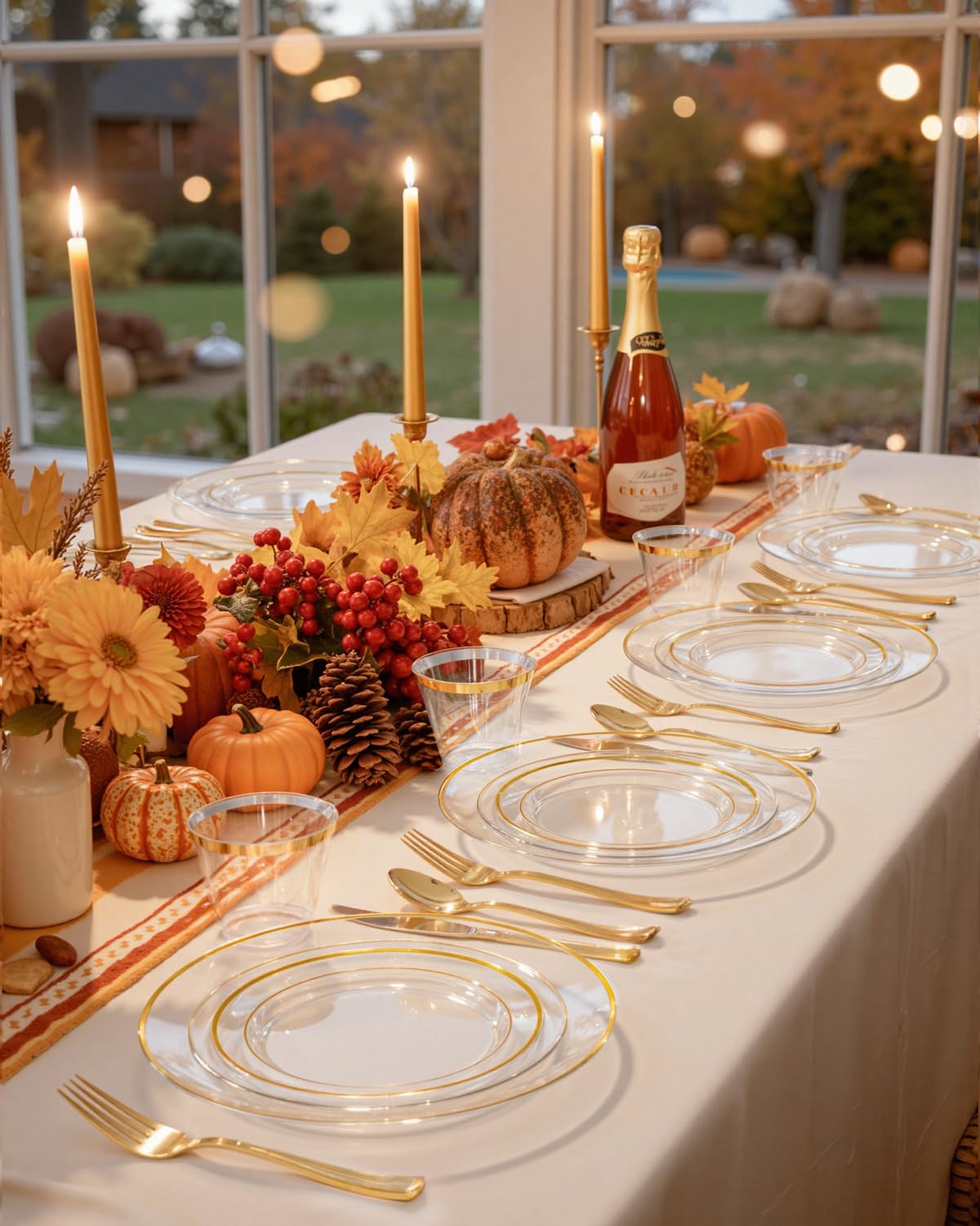 bUCLA 600PCS Clear Plates with Gold Trim - Clear Gold Dinnerware Set Disposable Include 100 Dinner/100 Dessert Plates, 100 Knives, 100 Forks, 100 Spoons, 100 Cups for Wedding, Party & Thanksgiving