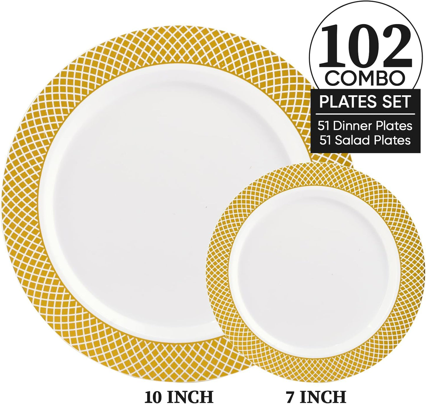 FOCUSLINE Gold Plastic Plates Set of 102, Disposable Plates with Gold Grid Rim 51 Dinner Plates 10" and 51 Salad Dessert Appetizer Plate 7", Elegant Fancy Heavy Duty Wedding Party Plate