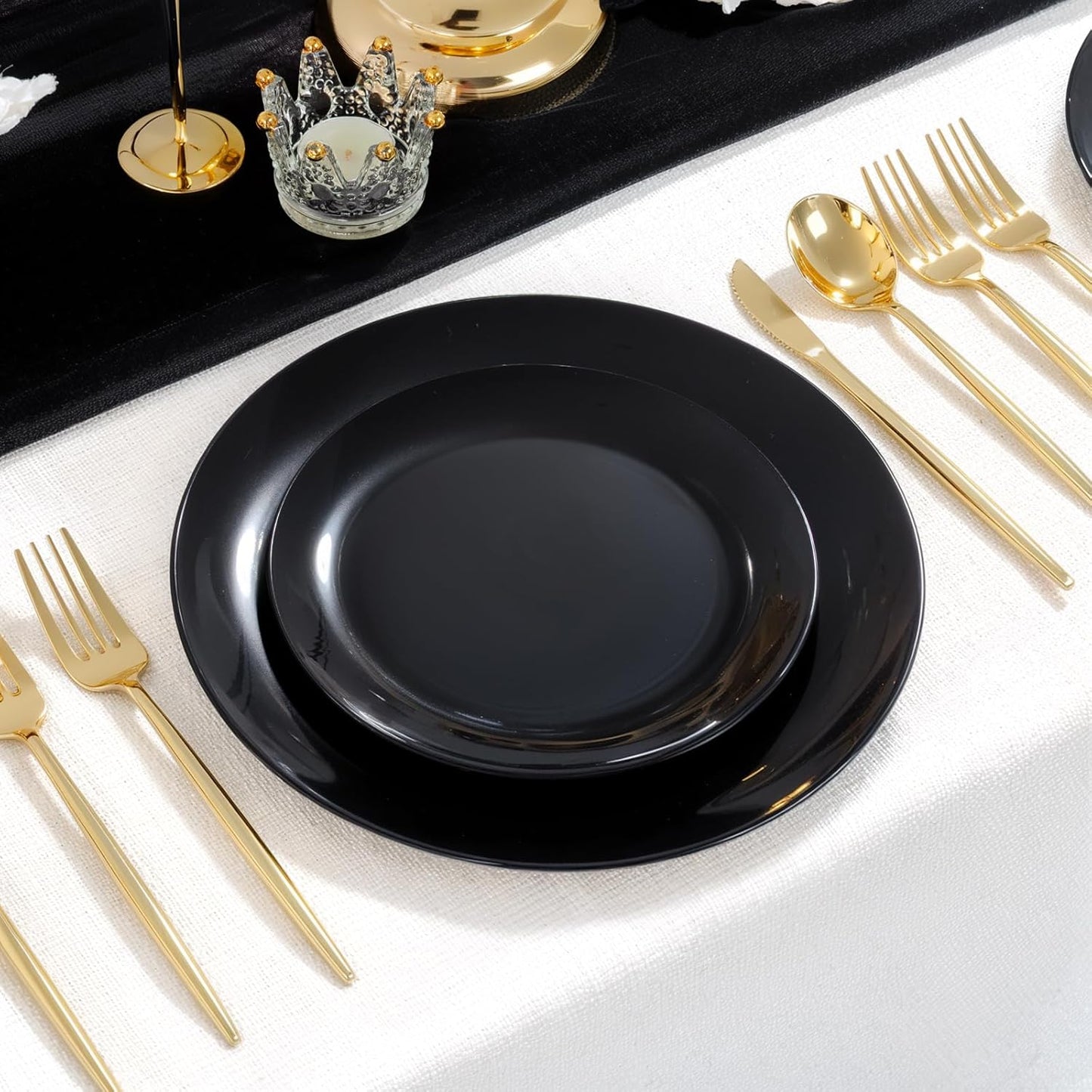 LIYH 120 Pcs Black Plastic Plates Heavyduty - Halloween Plates Disposable Plate Dishes for Party Wedding Includes 60 Dinner 10.25" & 60 Dessert Plate 7.5" for Halloween Day