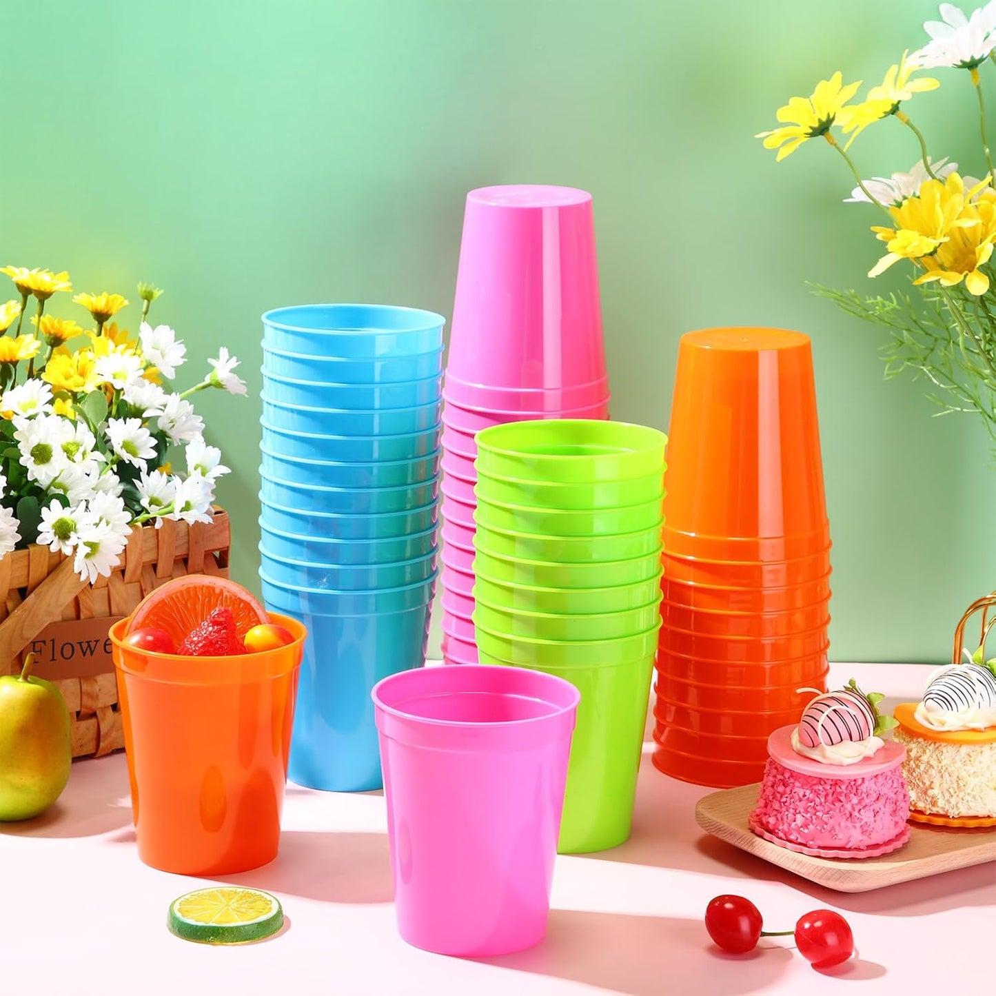 Yungyan 100 Pack 16oz Stadium Cups Reusable Plastic Cups Blank Drink Tumblers for Parties, Events, DIY Projects, 4.5 x 3.54 x 2.72 Inch (Bright Colors)