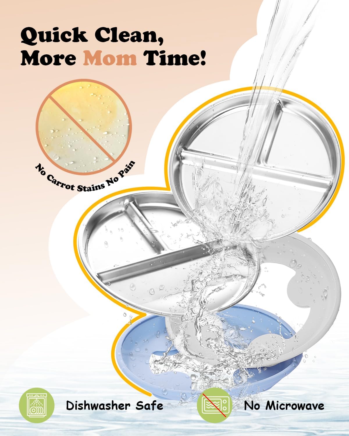 Stainless Steel Toddler Plate with Suction, 8” Divided Plates with Removable Silicone Sleeves for Baby, Non Toxic Unbreakable Kids Snack Dishes Set of 4, Sage Blue Gray Navy