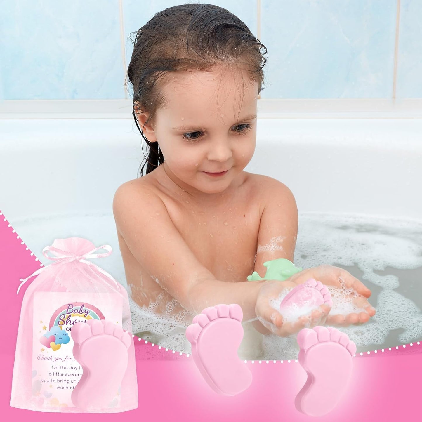 100 Sets Baby Shower Favors Refreshing Foot Soap Perfect Baby Shower Favors for Guests, Gifts, and Prizes with Organza Bags Thanks Cards (Pink)