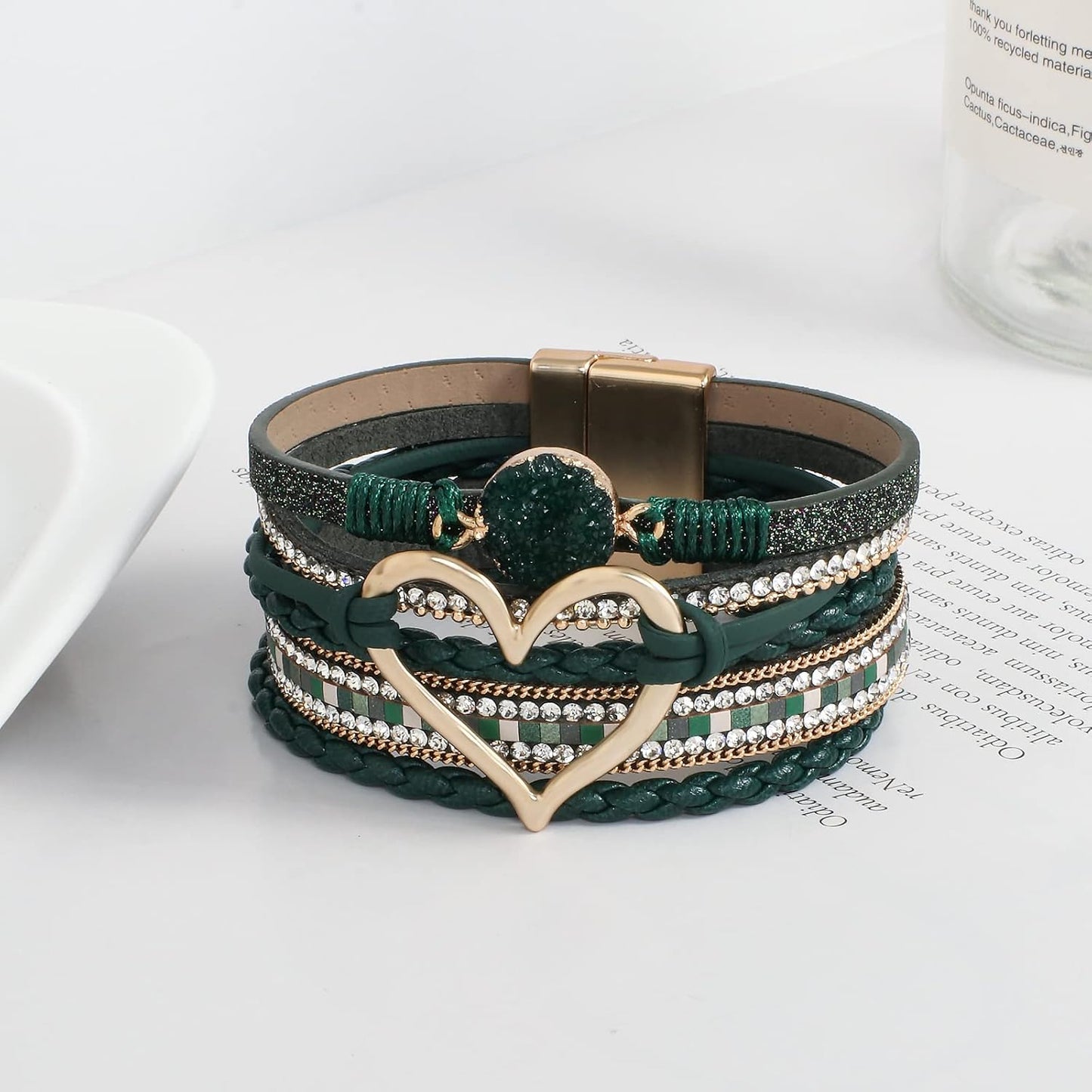 Leather Wrap Bracelet for Women Beaded Cuff Bracelet with Heart-shape Decor Bohemian Crystal Bracelet Jewelry with Clasp Bangle Bracelet for Women Girls Birthday Holiday Gift