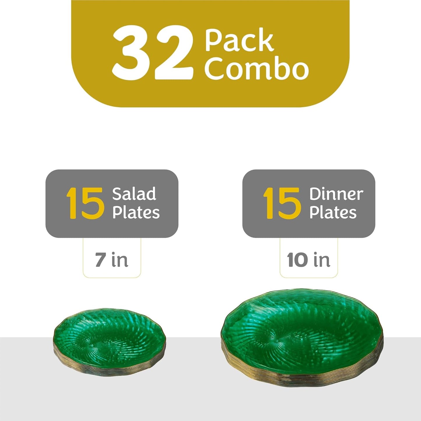 PLASTICPRO 30 Pack Plastic Plates Set of 15-10 inch Plates and 15-7 inch Plates, Elegant Clear Green Spiral and Gold Rim Disposable Fancy Plates Premium Heavyweight