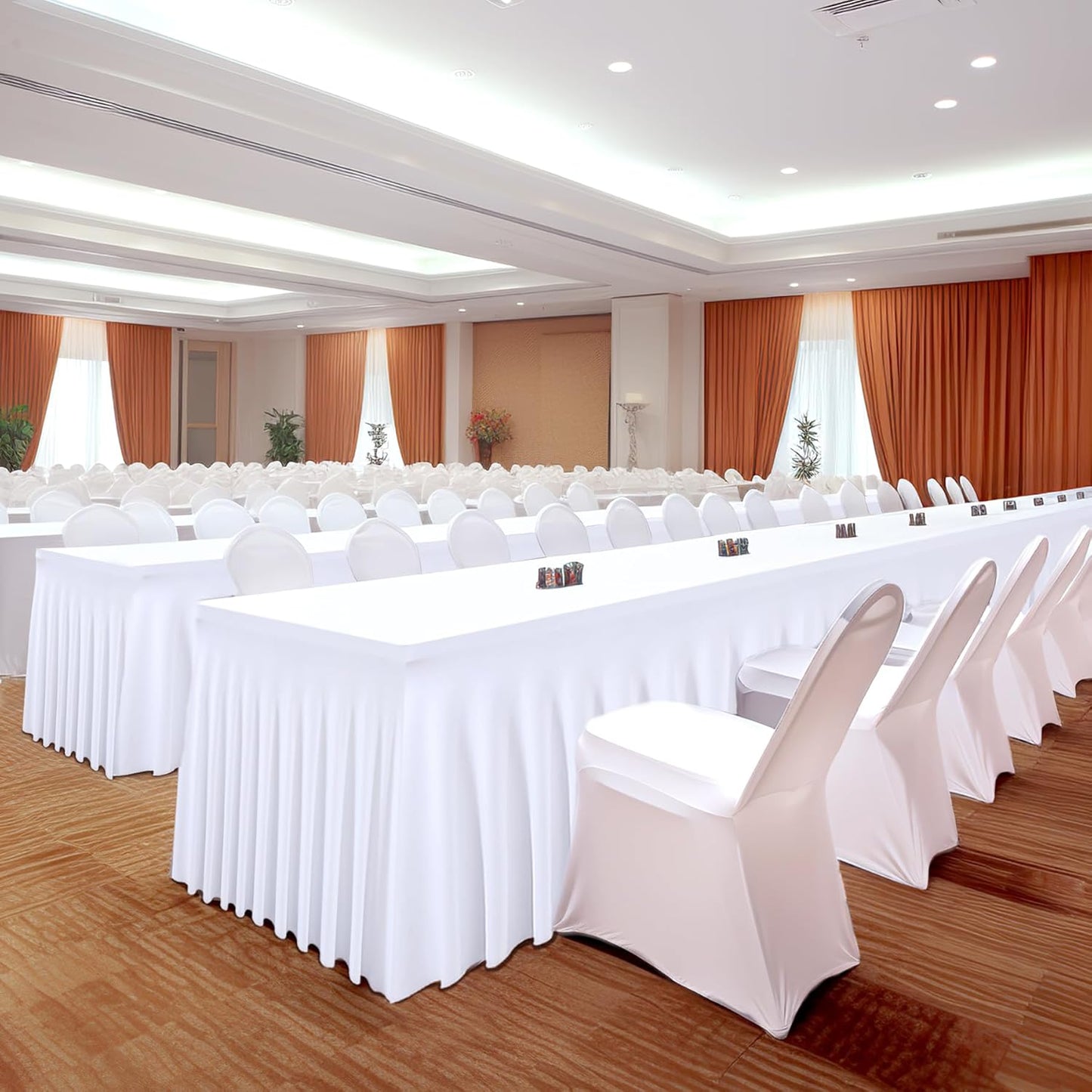 4 Packs White Table Clothes for 8 Foot Rectangle Tables, One-Piece Wrinkle Resistant Stretch Spandex Table Covers with Skirt for Event Banquet Wedding Birthday Party