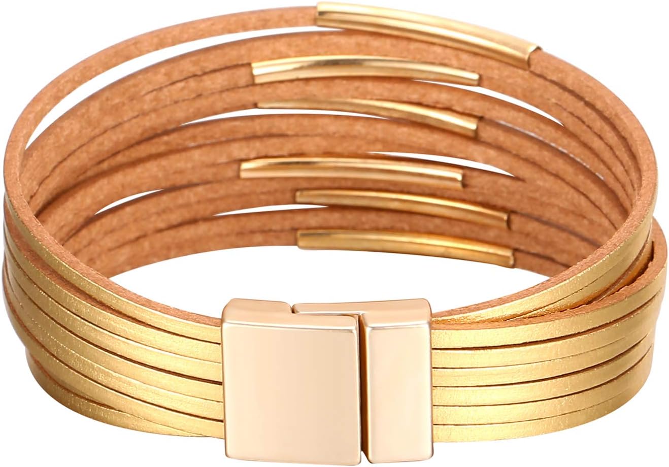 Fesciory Leather Wrap Bracelets for Women, Boho Leopard Multi-Layer Crystal Beads Cuff Bracelet Jewelry