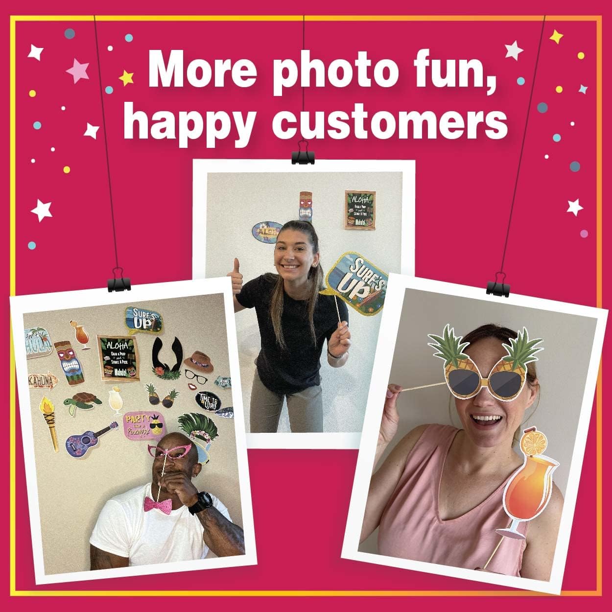 Hawaiian Photo Booth Props - 41-pc Luau Photo Props Kit with 8 x 10-Inch Sign, 60 Glue Dots, 45 Sticks - Vacation Props - Photo Booth Props Summer