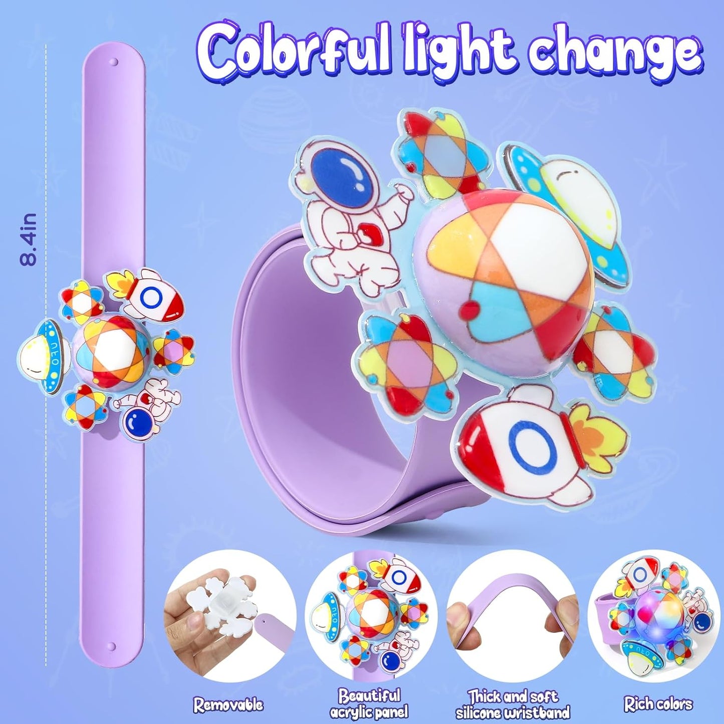 12Pcs LED Light Up Rotating Slap Bracelets Space Party Favors Glow Bracelets, Glow In The Dark Party Supplies Planet Astronaut Birthday Gifts Goodie Bag Stuffers Classroom Rewards for Kids Boys Girls