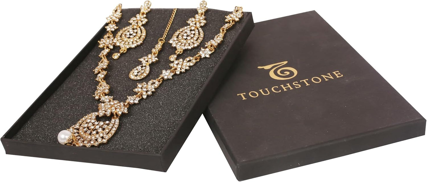 Touchstone Indian jewelry sets for women maang tikka wedding guest gold necklace bollywood jewellery set pageant elegant prom bride accessories western crystal chunky rhinestone necklaces
