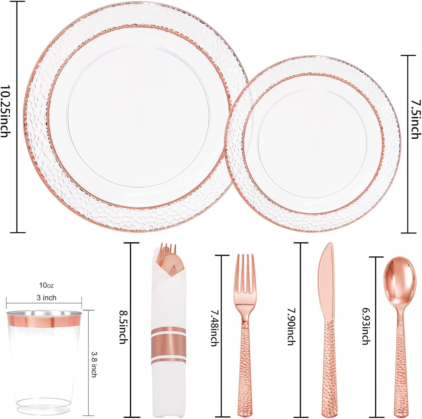 Liacere 350PCS Rose Gold Plastic Plates-Clear Rose Disposable Plates 50 Guests include 50 Dinner Plates,50 Salad Plates,50 Forks,50 Knives,50 Spoons,50 Cups,50 Napkins for Wedding&Party&Mother's Day