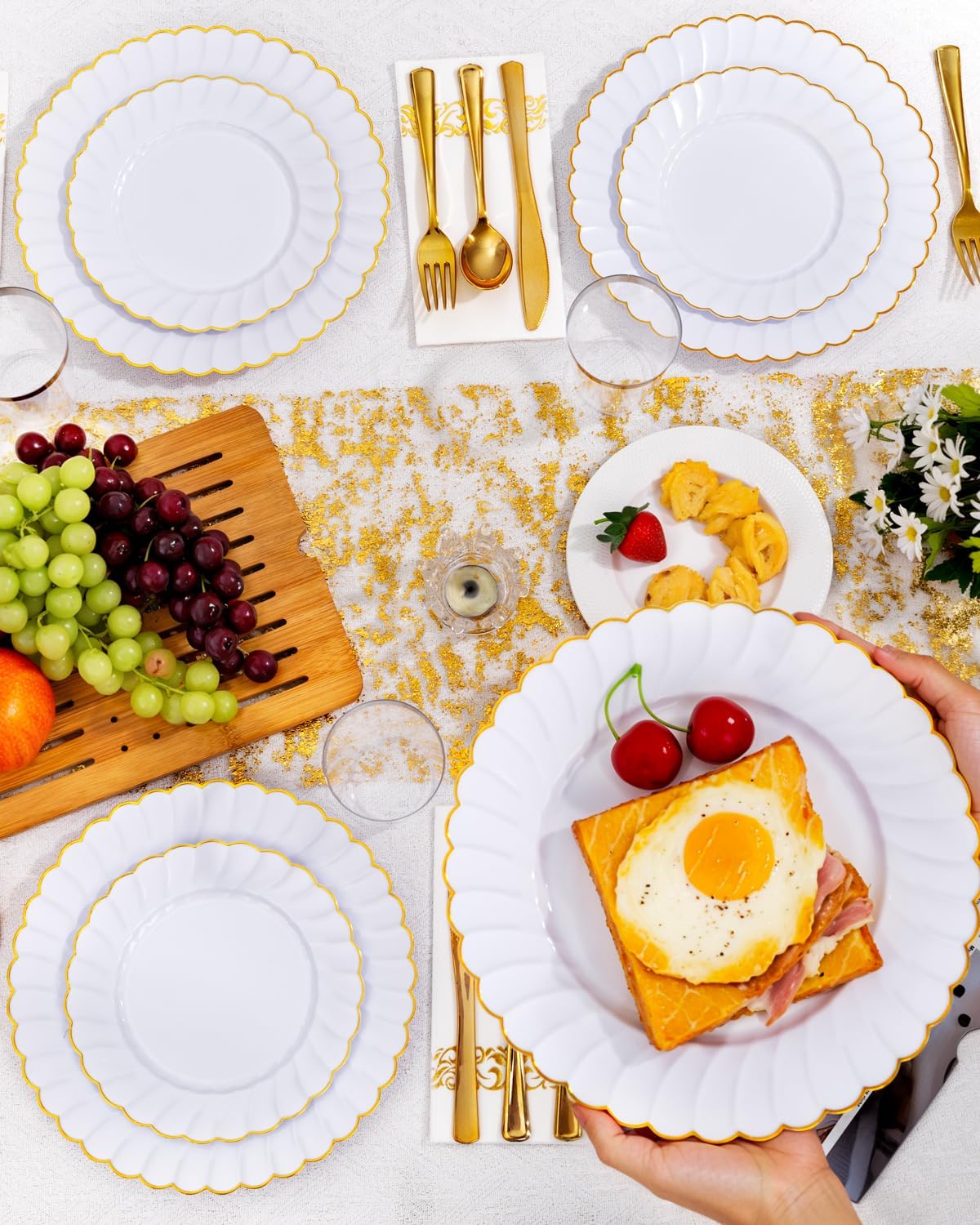 YOUBET 175PCS Gold Scalloped Plastic Plates - White and Gold Disposable Dinnerware Set Include 50 Plates, 75 Gold Silverware, 25 Cups, 25 Napkins for Party & Wedding & Thanksgiving
