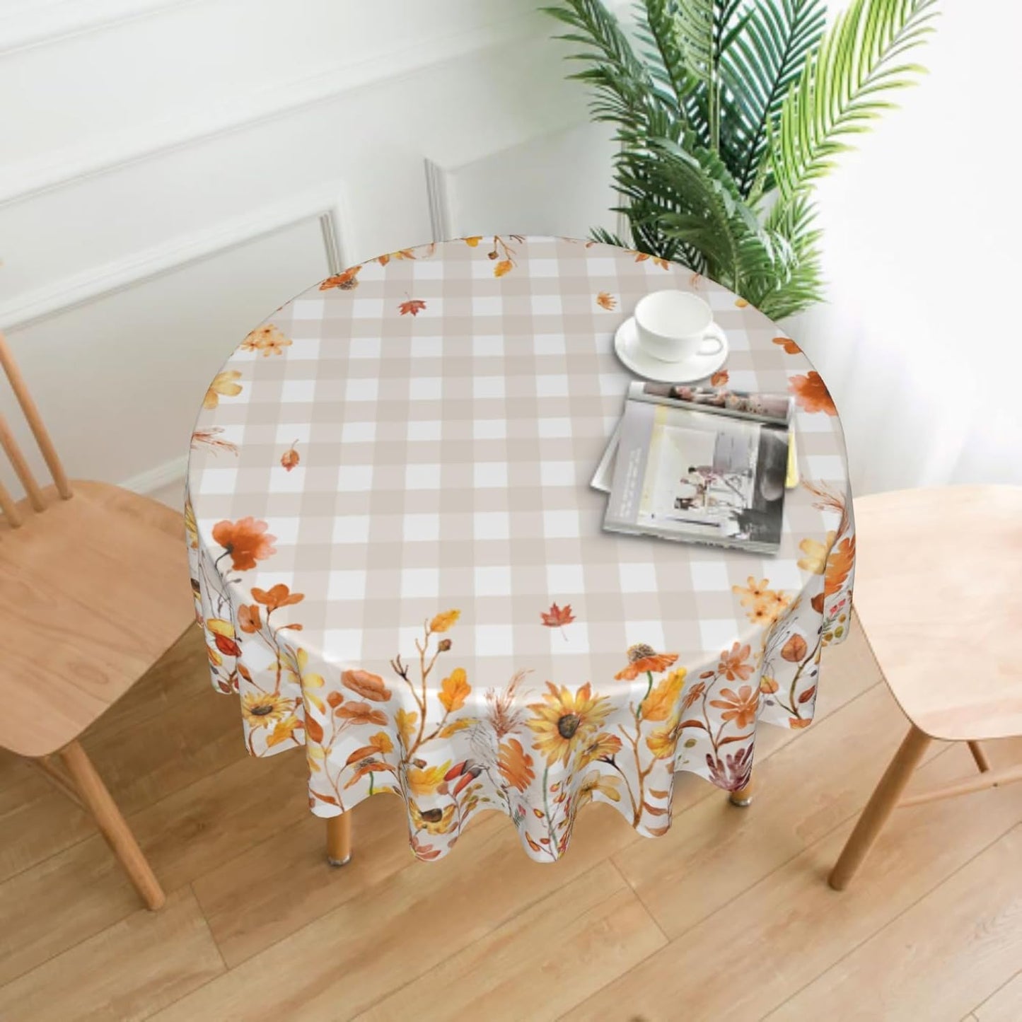 Autumn Floral Tablecloth 60Inch Round Watercolor Fall Flowers Table Cloth with Khaki Buffalo Plaids Orange Wildflower Leaves Table Cover Polyester Washable for Kitchen Dining Picnic Tabletop Decor