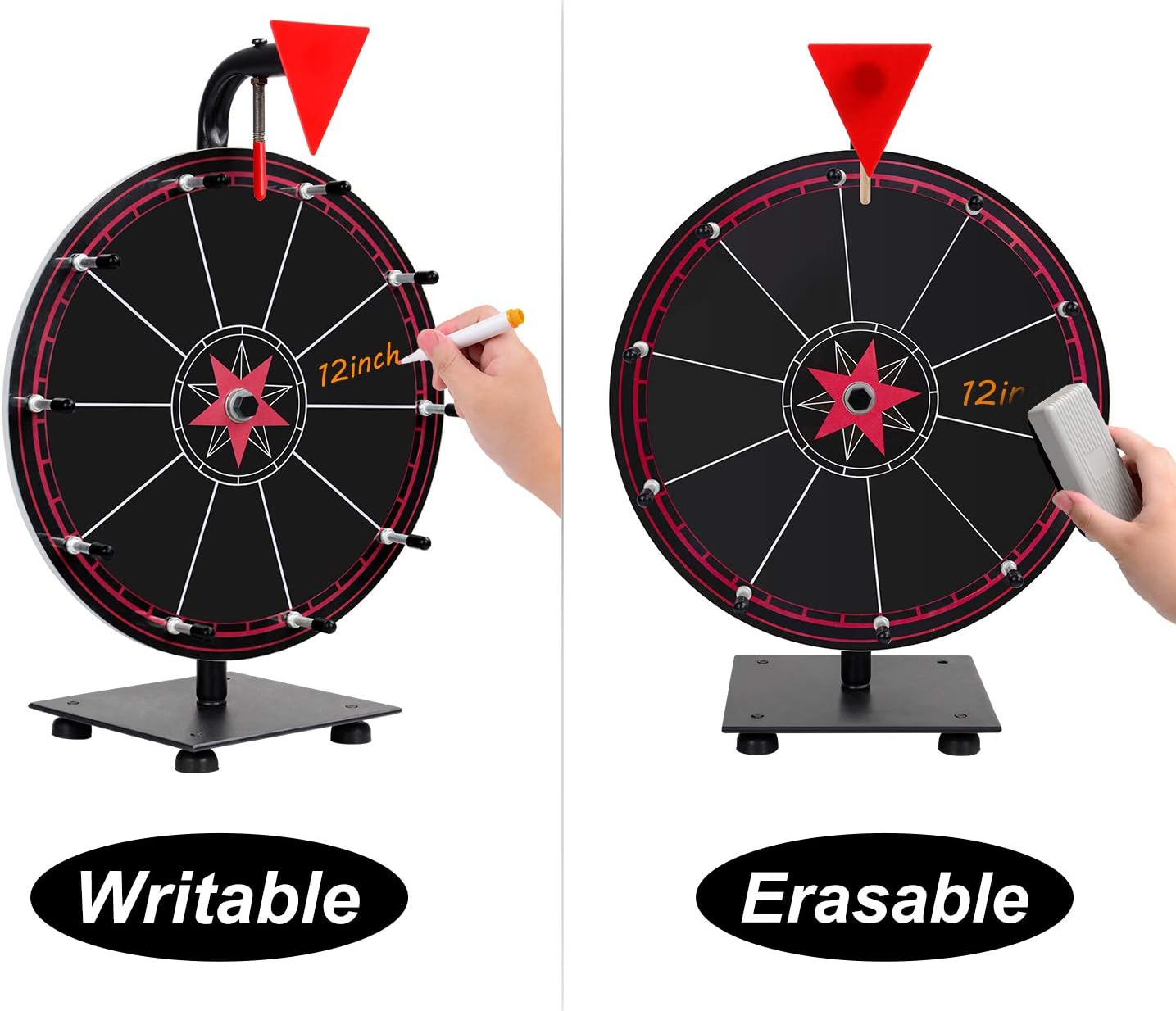 T-SIGN Spinning Wheel for Prizes, 10 Slots Black Prize Wheel with Eraser, 12 Inch Spin Wheel with Stand, Roulette Wheel for Tabletop - Wheel of Fortune Wheel Spinner for Carnival, Game Casino