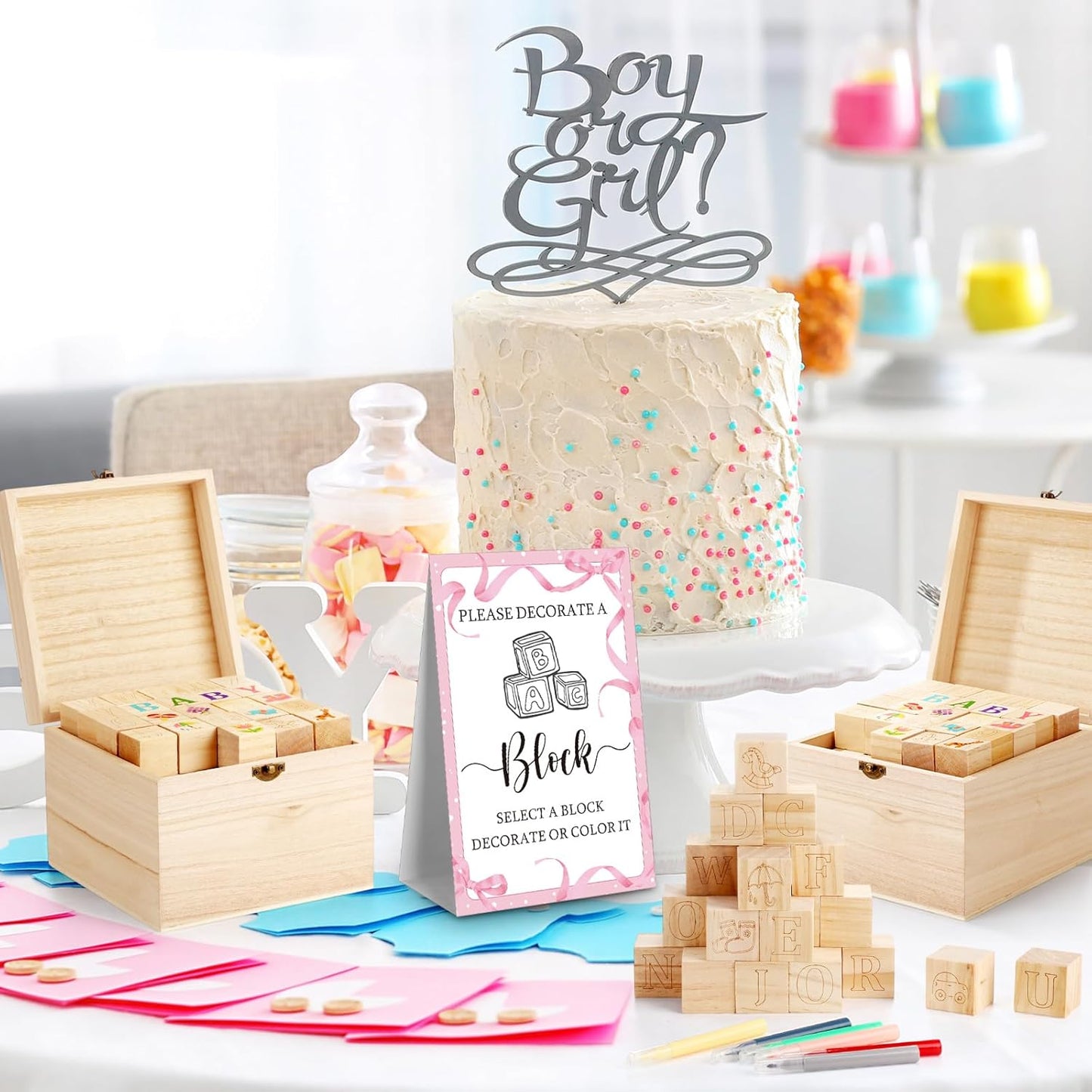 Marsui 136 Pcs Baby Shower Blocks to Decorate Game Kit Includes 98 Wooden Blocks, 36 Markers, 1 Game Sign, 1 Storage Box for Baby Shower Gender Reveal Activity Party Decorations (Pink Bow)