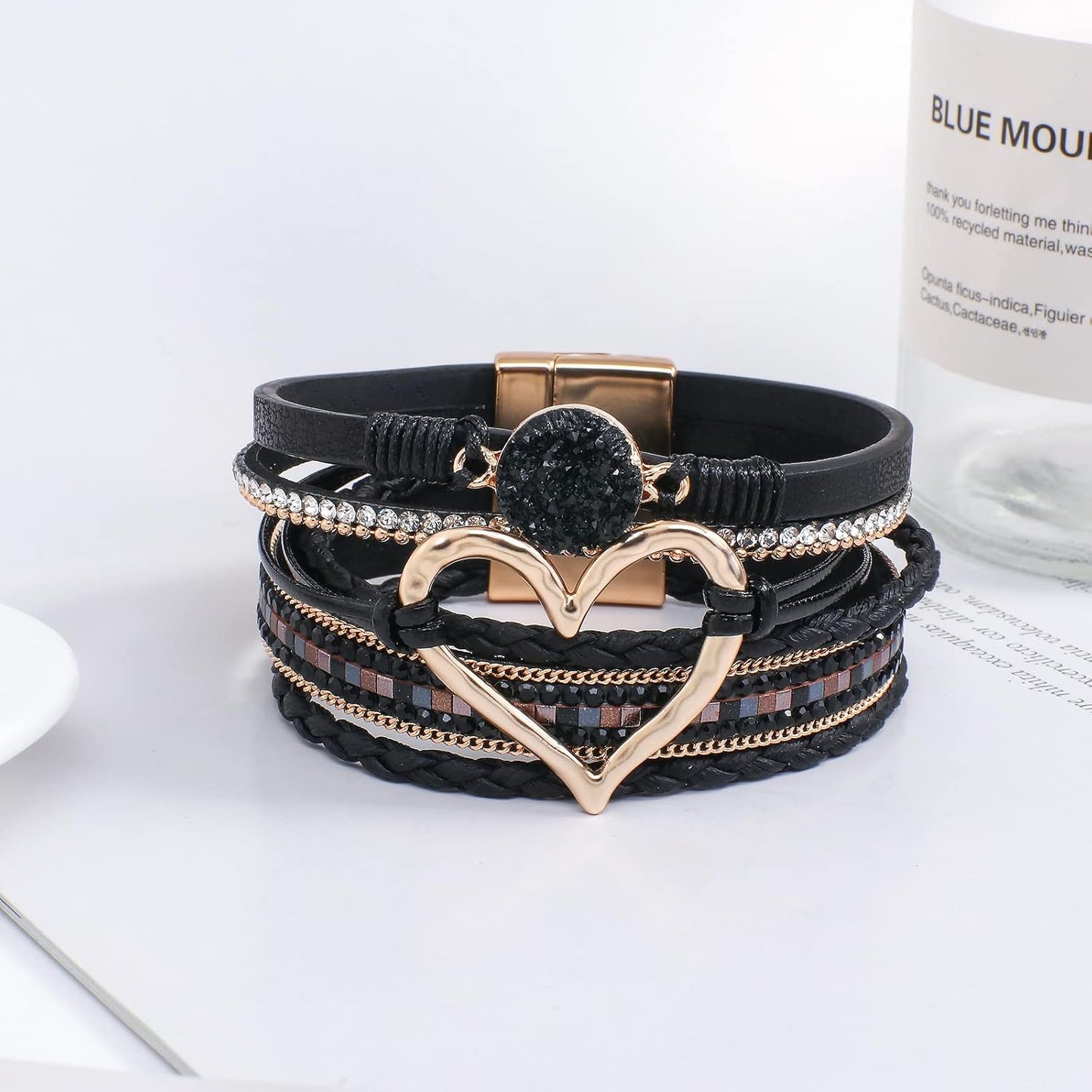 Leather Wrap Bracelet for Women Beaded Cuff Bracelet with Heart-shape Decor Bohemian Crystal Bracelet Jewelry with Clasp Bangle Bracelet for Women Girls Birthday Holiday Gift