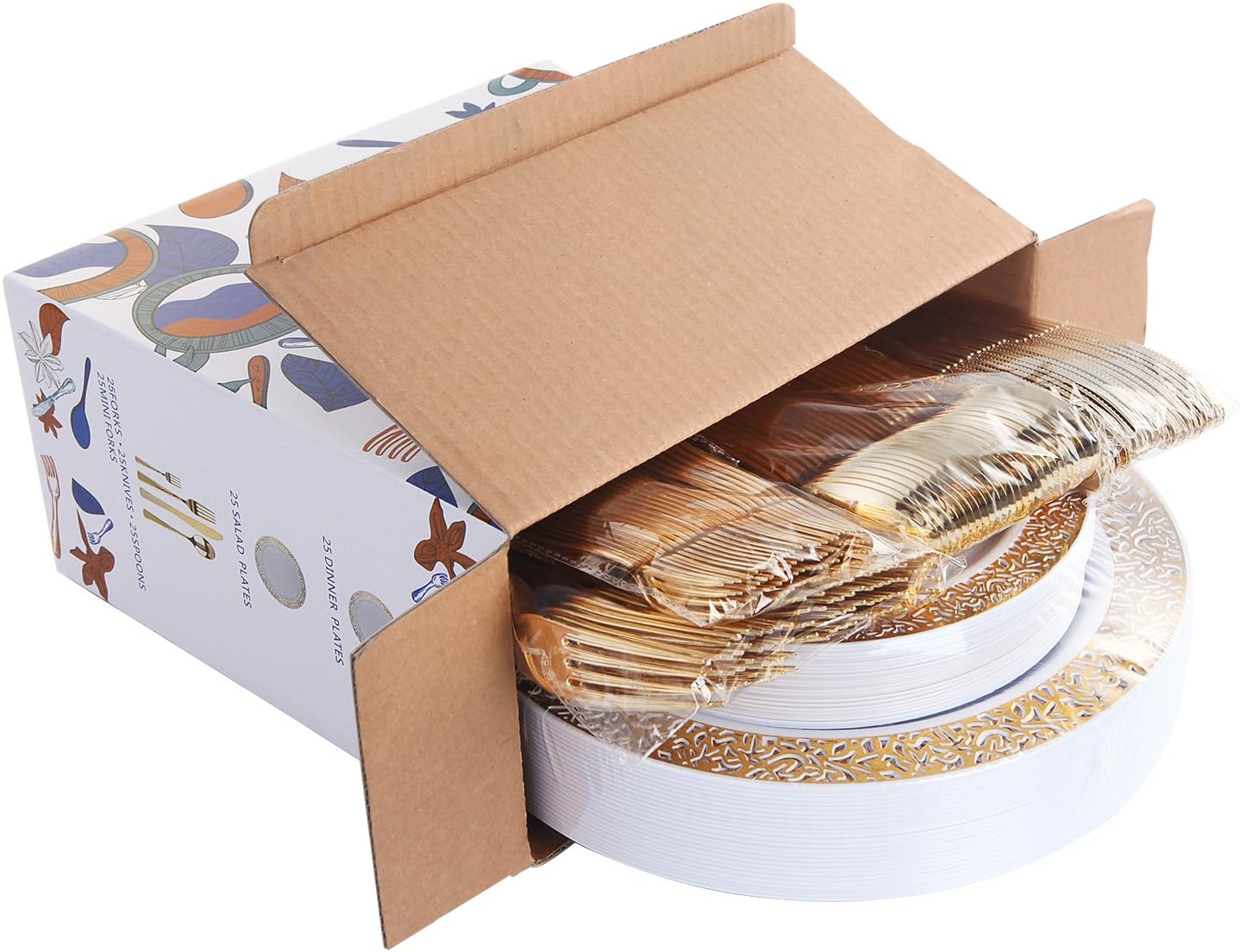 WDF 150PCS Gold Thanksgiving Plastic Plates Set Fall Plastic Plates 25Guests Gold Disposable Dinnerware Sets for Thanksgiving