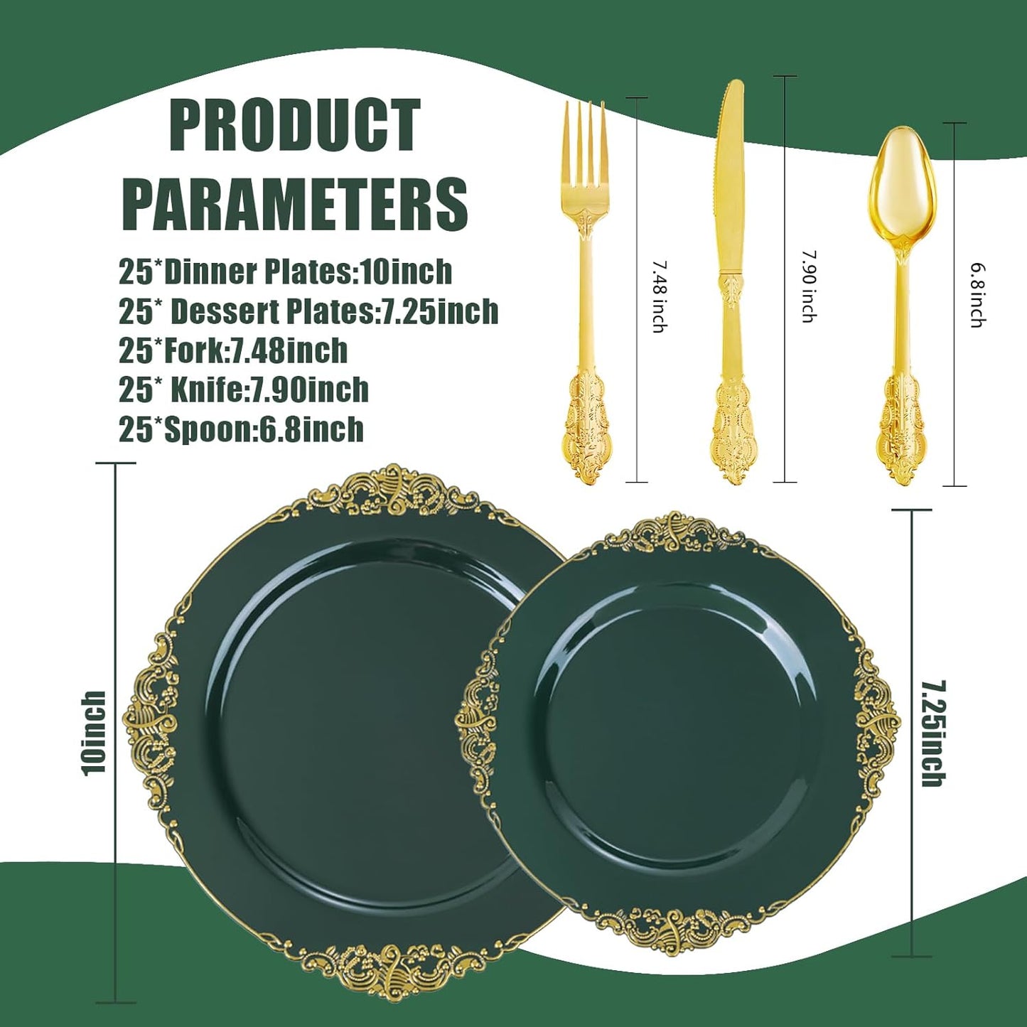 125PCS Green and Gold Plastic Plates - Fancy Green Disposable Plates - Vintage Christmas Plate with Gold Plastic Silverware Set for 25 Guests for Party Xmas Holiday