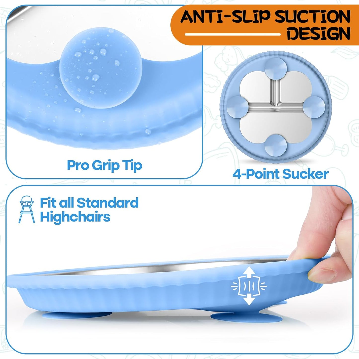 Stainless Steel Kids Plates with Suction, 3Pack 9" Divided Toddler Plates Removable Non Slip Silicone Sleeves Baby Feeding Led Weaning Supplies, BPA Free, Unbreakable Dishwasher Safe