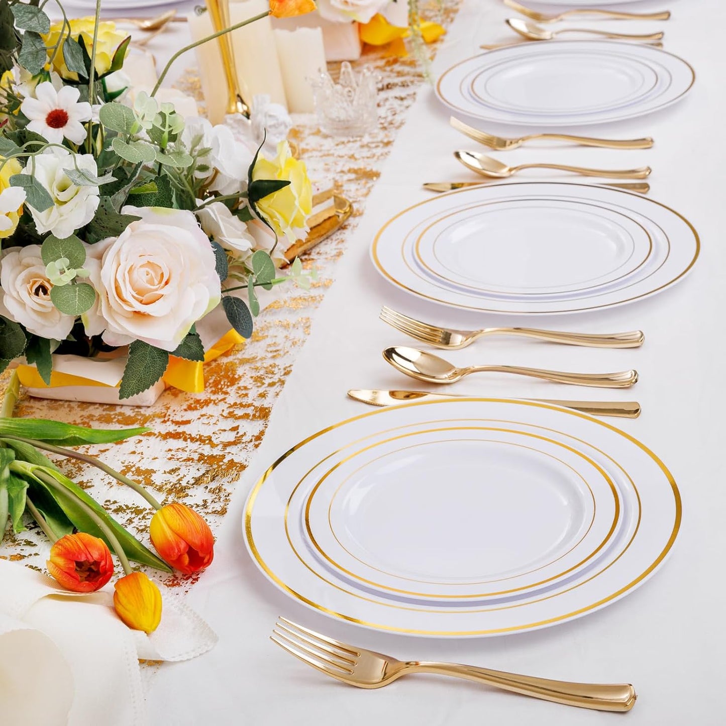 I00000 60 Pieces Gold Plastic Plates, Heavy Duty White and Gold Plastic Plates for 30 Guests Include: 30 Gold Rim Dinner Plates and 30 Gold Dessert Plates Perfect for Wedding, Party & Mother's Day