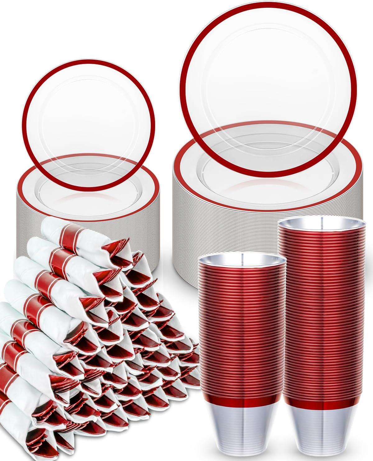 350PCS Plastic Plates for Party, Disposable Clear Red Dinnerware Sets for 50 Guests,100 Plastic Plates, 50 Cups,50 Pre-Rolled Napkins with Cutlery for Party, Thanksgiving, Christmas, Wedding
