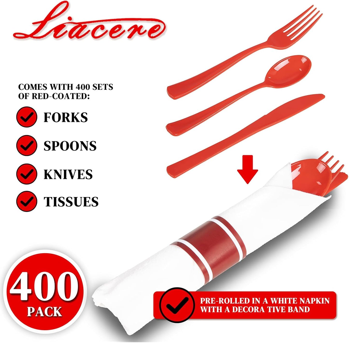 Liacere 400PCS Pre Rolled Red Silverware and Napkin - Disposable Red Plastic Utensils-Wrapped Plastic Cutlery Set with Napkin:100Forks,100Knives,100Spoons,100Napkins for Wedding&Valentine&Christmas