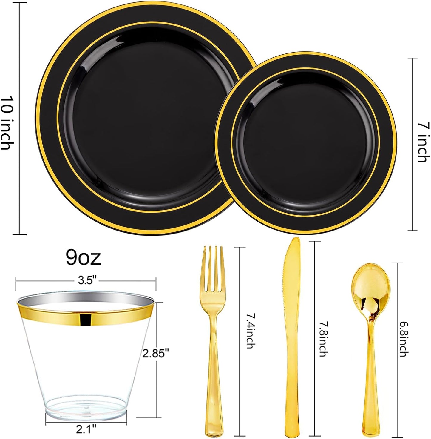 bUCLA 600PCS Black and Gold Disposable Dinnerware Set - Black Plastic Plates Disposable for Party Include 100 Dinner&100 Dessert Plates,100 Knives,100 Forks,100 Spoons,100 Cups for Party & New Year
